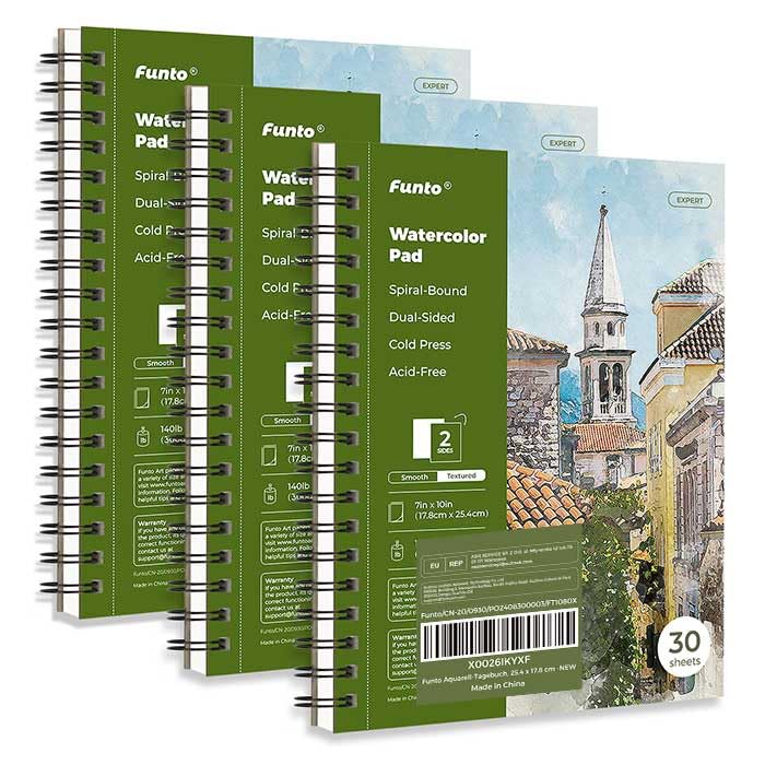 Funto Watercolor Pad 10x7", 3-Pack, 90 Sheets, 140 lb/300 GSM, Double-Sided Cold Press Paper, Spiral Bound, Heavyweight Paper for Watercolor Painting