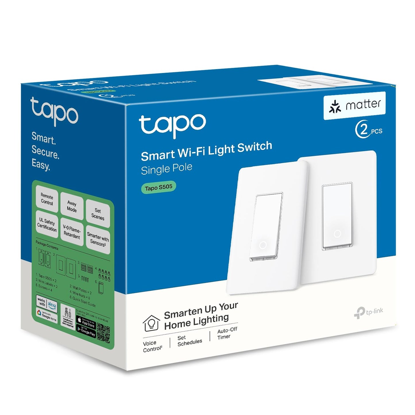 TP-Link Tapo Smart Light Switch, Matter Compatible, Single Pole, Neutral Wire Required, Voice Control w/Siri, Alexa & Google Home, UL Certified, Timer & Schedule, Guided Install, Tapo S505(2-Pack)