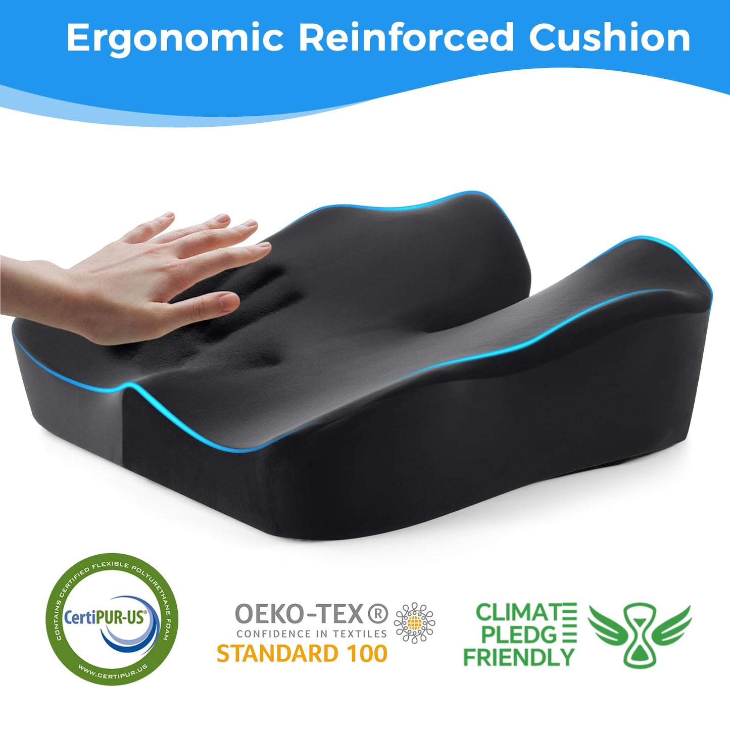 Memory Foam Seat Cushion – Tailbone & Lower Back, Coccyx Support, Office Chair & Car Seat Cushion, Travel & Wheelchair Pad, Breathable, Non-Slip Pressure Ease & Posture Support