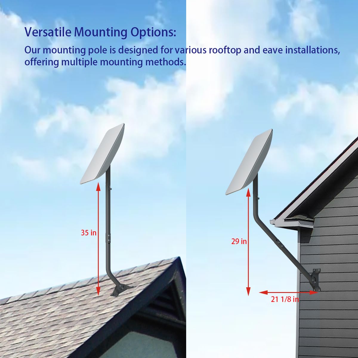 CEKAY Universal Mounting Pole (Diameter 1 1/2", Length 35") - J Pole Mount for Antenna & Starlink Dish & Weather Station - Adjustable Pivot/Lock Bracket for Wall, Eave or Roof Mounting