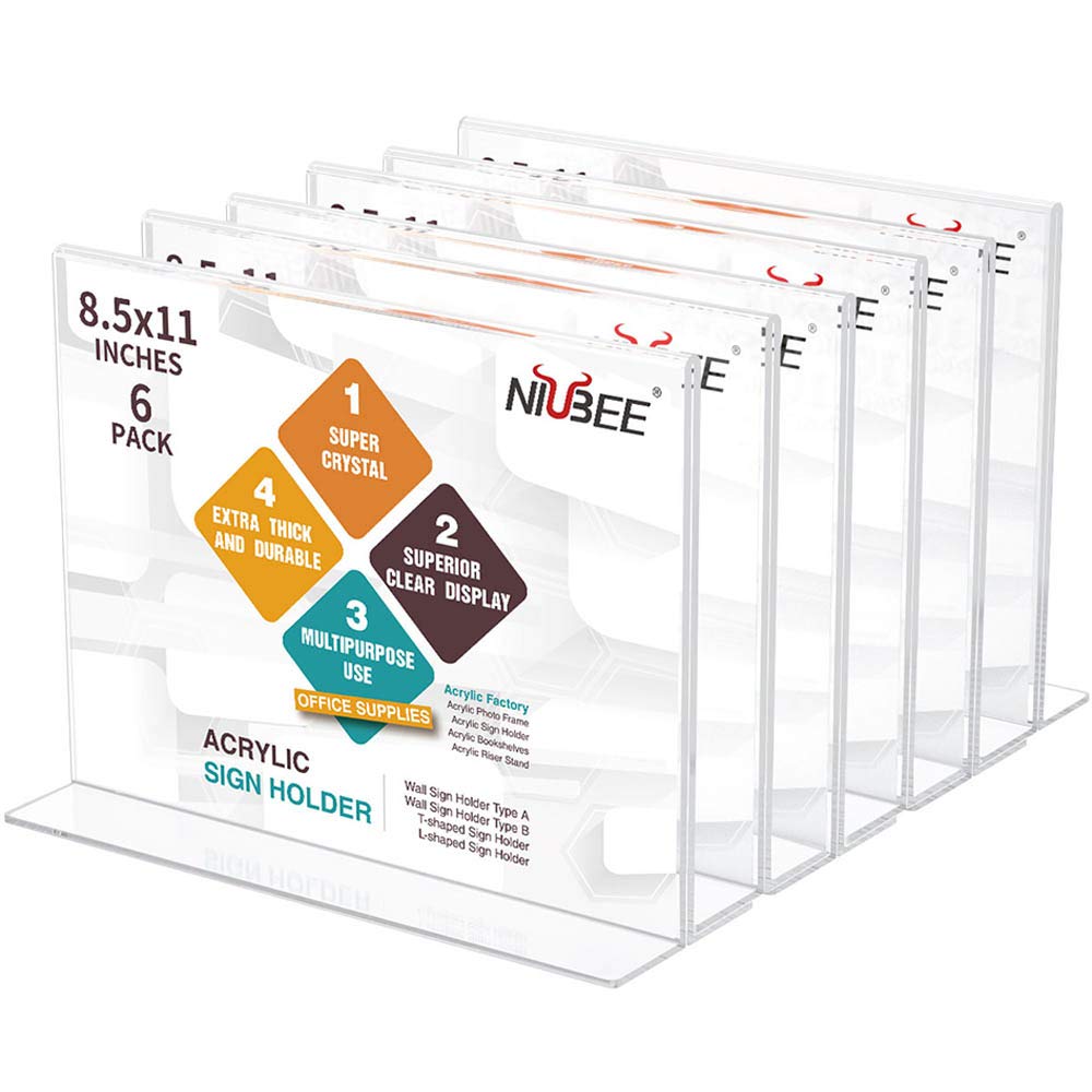 NIUBEE Acrylic Sign Holder 8.5x11 Inches 6 Pack Horizontal, T Shape Double Sided Clear Frames, Plastic Paper Flyer Display Holder, Document Menu Table Stand for Office, Store -Landscape