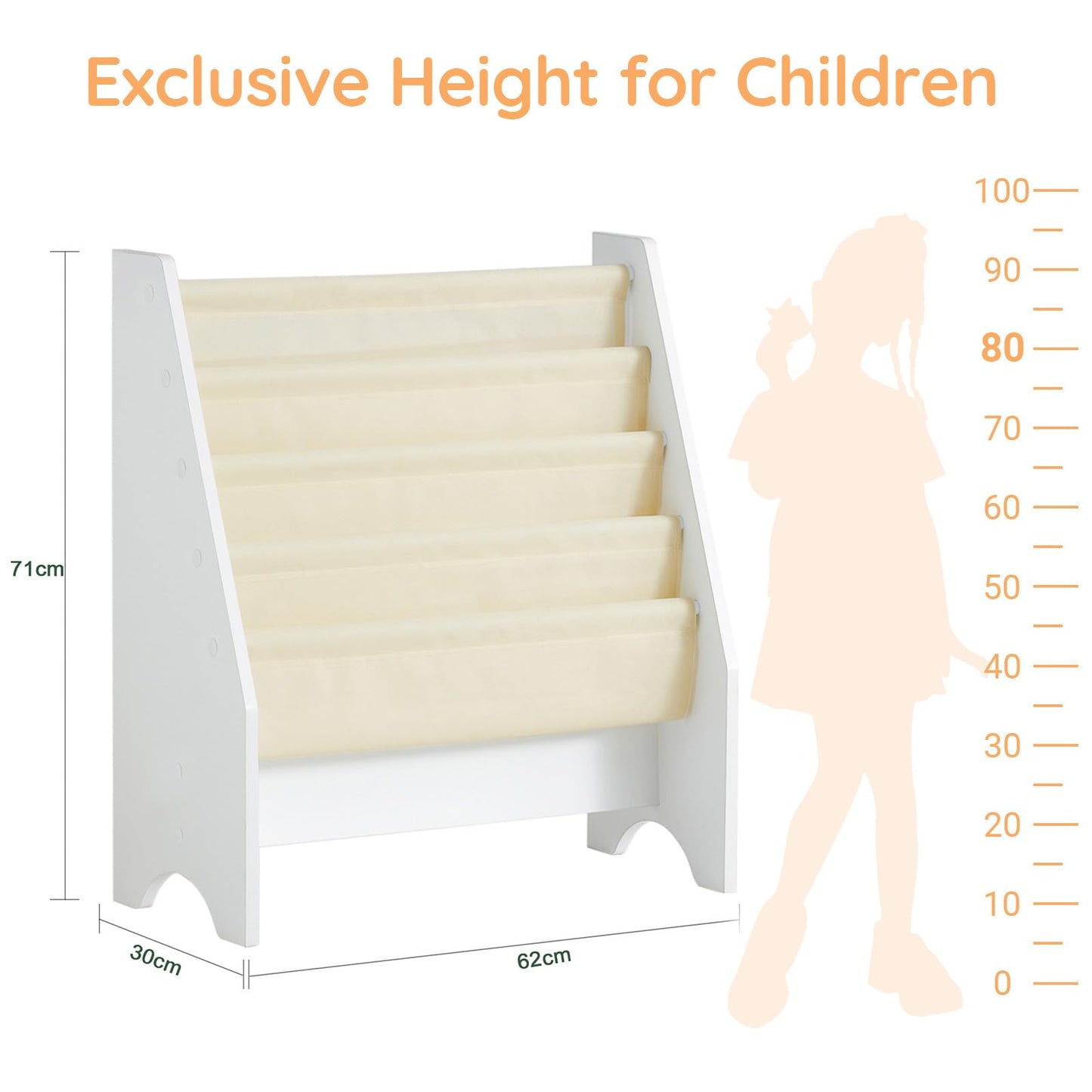 SoBuy Kids Bookshelf with 4 Fabric Sling Pockets, Montessori Front Facing Bookcase for Toddlers, Space Saving Children Book Organizer for Nursery Playroom & Bedroom, 62 x 30 x 71 cm, White FRG225-W