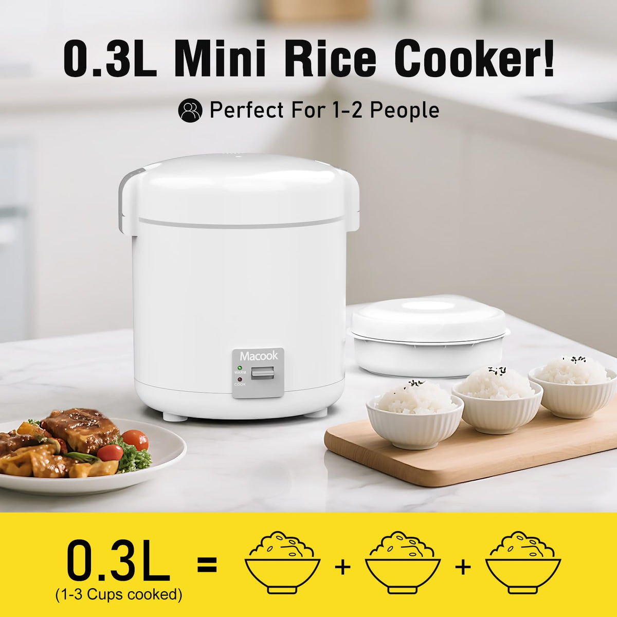 Rice Cooker Small 1-1.5 Cups Uncooked(3 Cups Cooked), Compact Cooker with Bento Box, Removable Nonstick Pot, One Touch&Keep Warm Function, Portable Rice Cooker for Soup Grain Oatmeal Veggie (0.3L-Gray-with Bento Box)