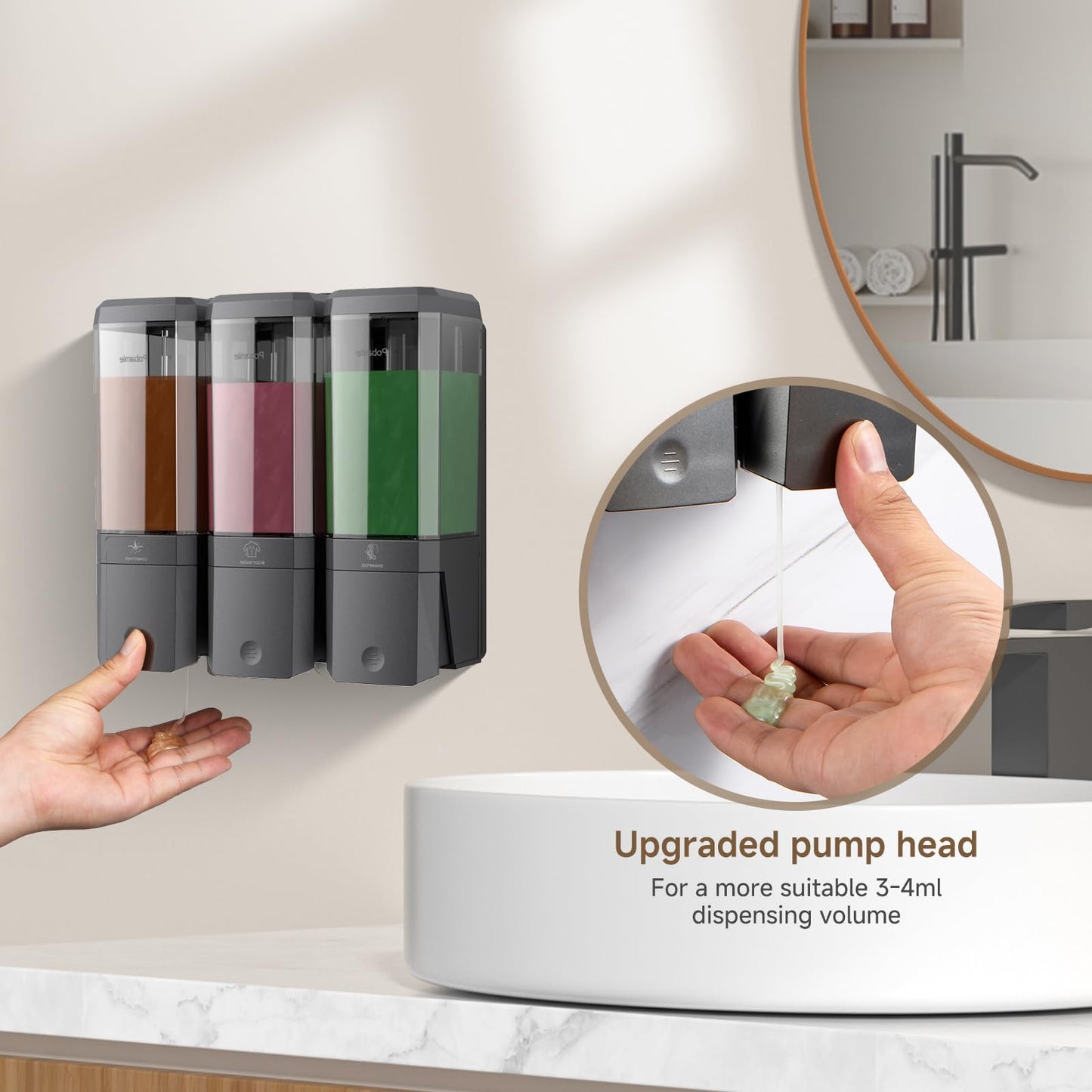 Shampoo and Conditioner Dispenser Wall Mounted, Shower Soap Dispenser No Drill Upadate Easy Slot Install, Shampoo Dispenser for Shower Bathroom Large Capacity 500ml * 3 Chamber Holder Gungray
