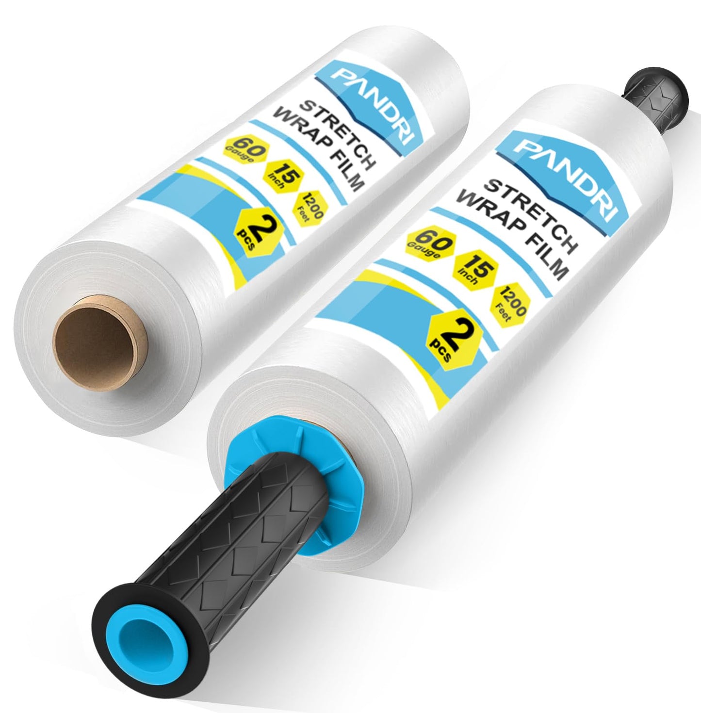 PANDRI Stretch Film, 15" x 1200 Ft per Roll Stretch Wrap Clear Shrink Wrap with Handles, Plastic Wrap for Moving Pallet Wrap, 2 Pack, 60 Gauge, 2 Handles