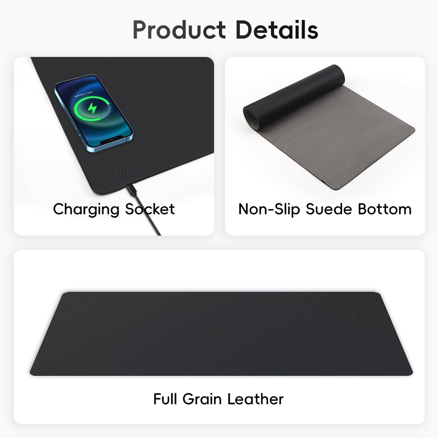 Wireless Charging Desk Mat and Leather Mouse Pad Combo - Organize Your Workspace with This Multi-Functional Desk Pad Mat, Offering Wireless Charging and a Sleek Mouse Pad Surface (Black-R,32"*16")