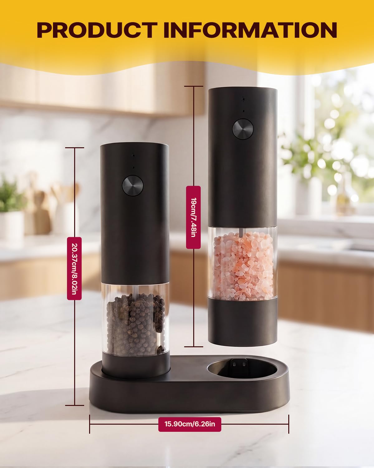 Katbite Electric Salt and Pepper Grinder Set with Charging Base, Rechargeable Automatic Pepper Grinder Easy Top Refill, Adjustable Coarseness, 140ml Large Capacity, One-Handed Operation for Kitchen