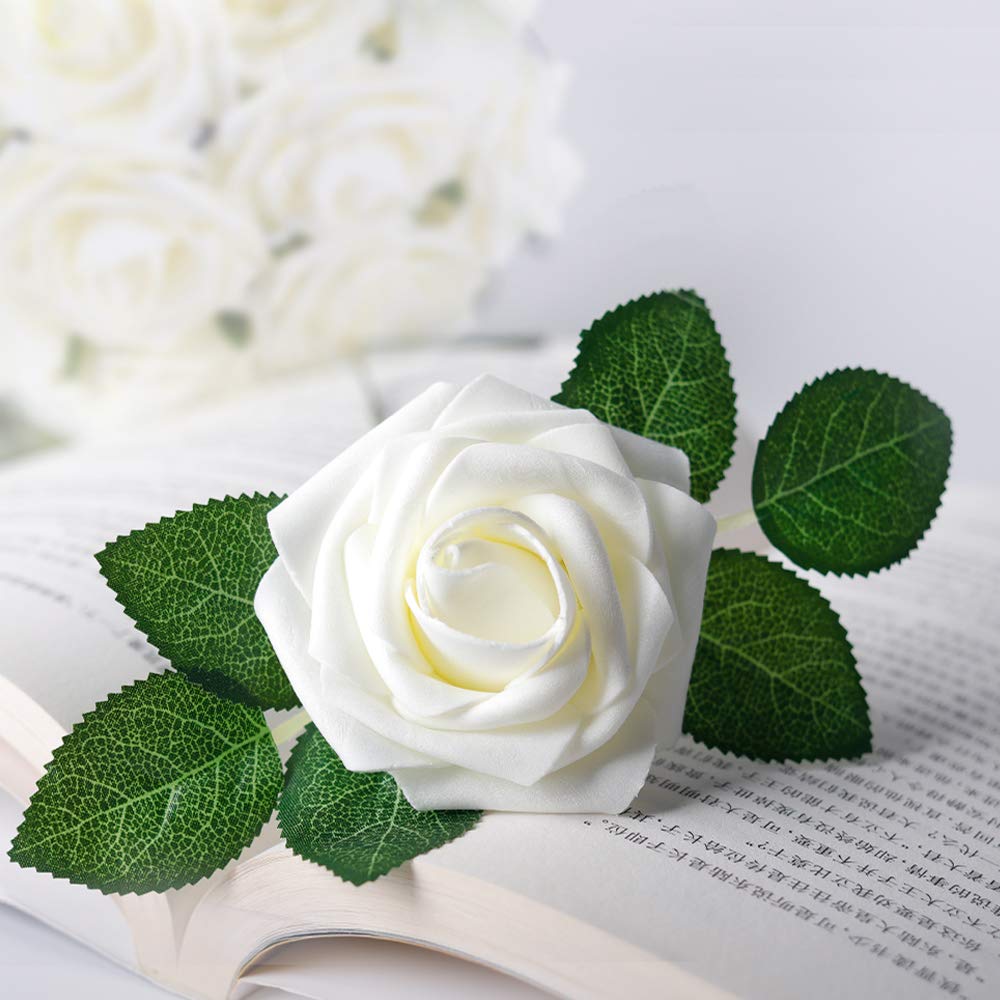 Mocoosy 50Pcs White Rose Artificial Flowers, Ivory Roses for Decorations, Real Touch Fake Rose with Stems Bulk DIY Wedding Bouquet Centerpiece Bridal Shower Floral Arrangement Party Home Table Decor