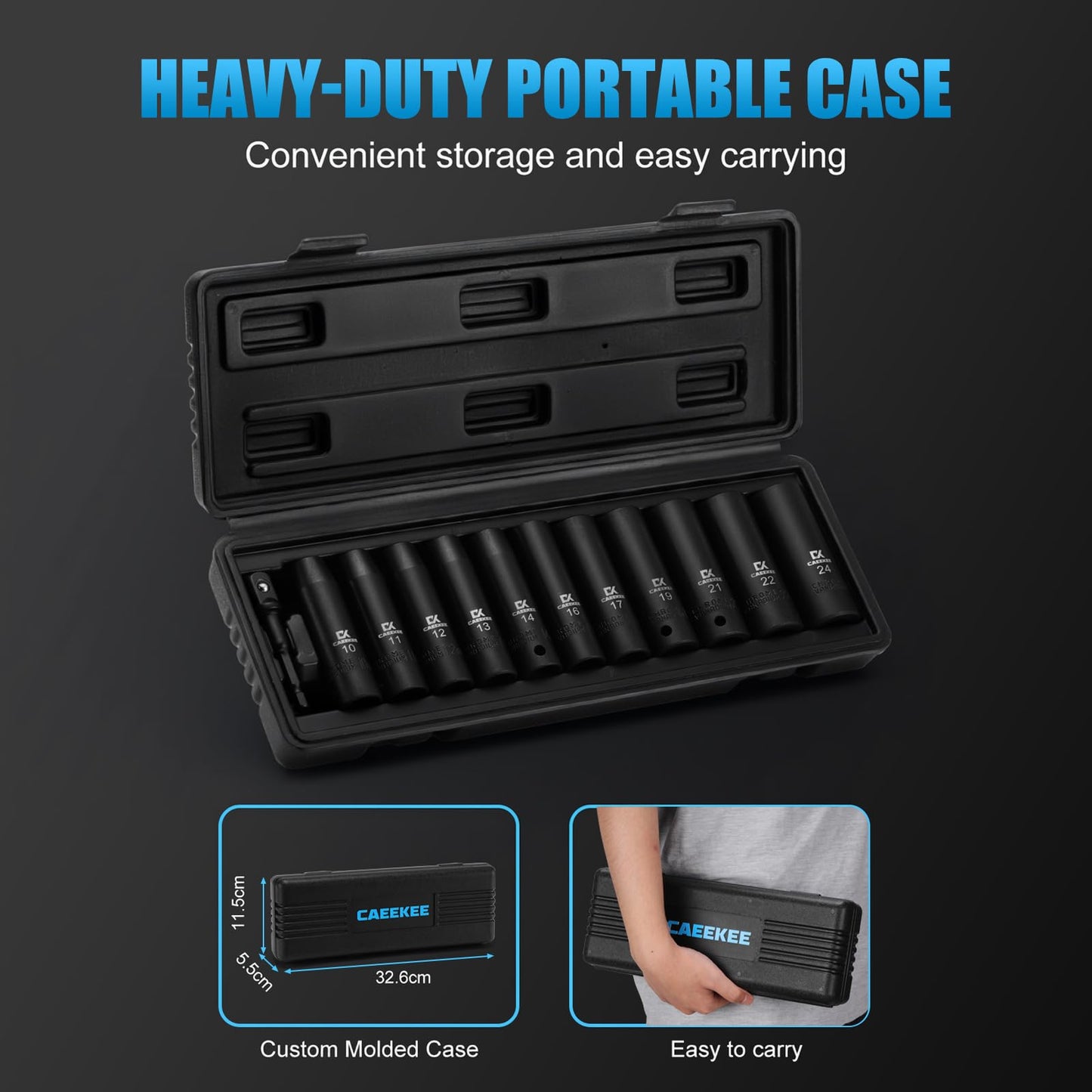 CaeeKee 12-Piece 1/2" Drive Deep Impact Socket Set, Metric (10mm - 24mm), 12-Point, Cr-V Steel, Includes Drill Socket Adapter