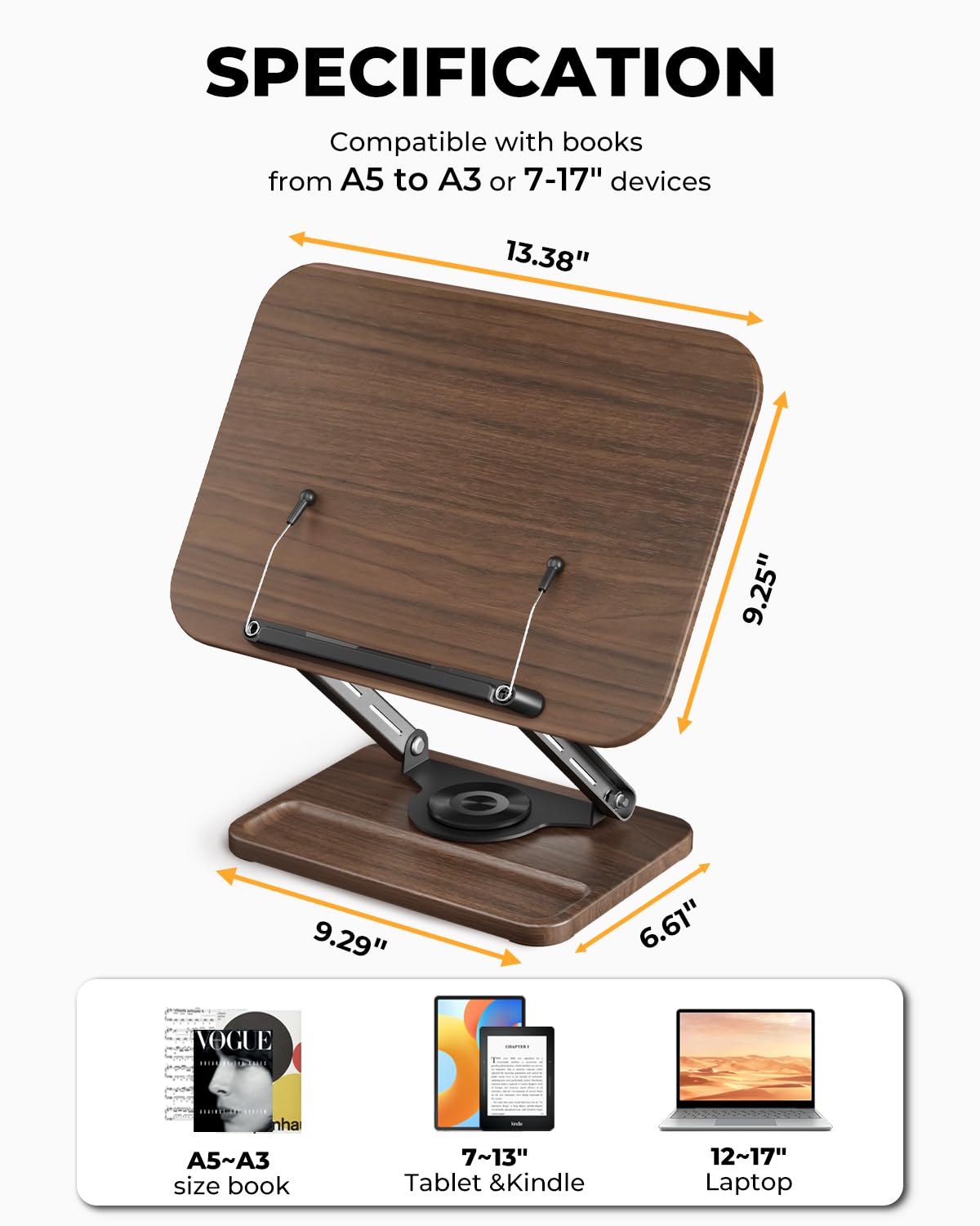 Adjustable Book Stand for Reading, Book Holder with 360° Rotation Base, Height Adjustable Book Reading Stand with Extendable Page Clips — Wooden Stand Holder for Cookbook, Receipe Book, Thick Book