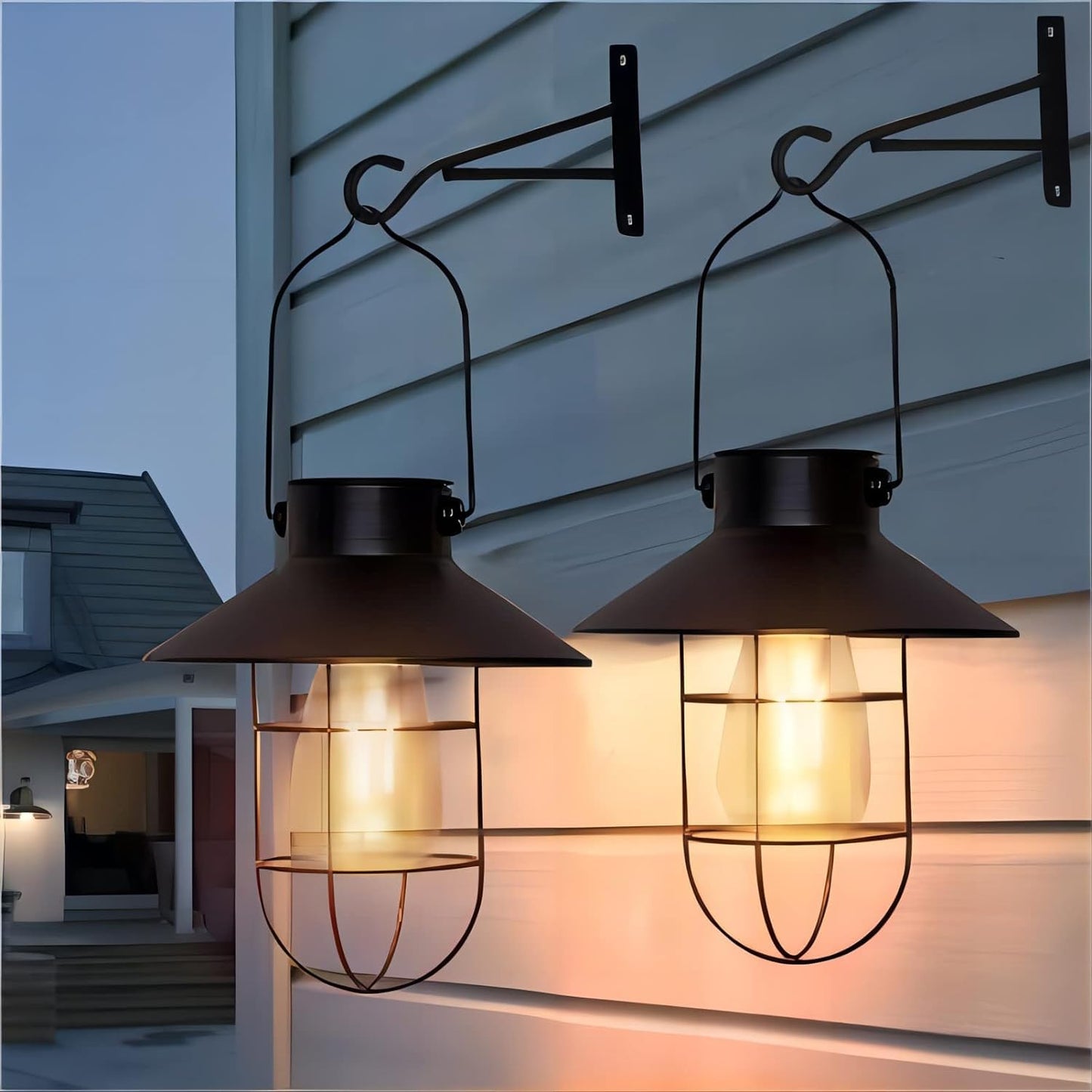 pearlstar Solar Lanterns Hanging Lights Waterproof Solar Lanterns Outdoor Metal Solar Powered for Wall Yard Garden Patio Garage Balcony Porch Fence Decor, Warm White Edison Bulb（Black-2pack）