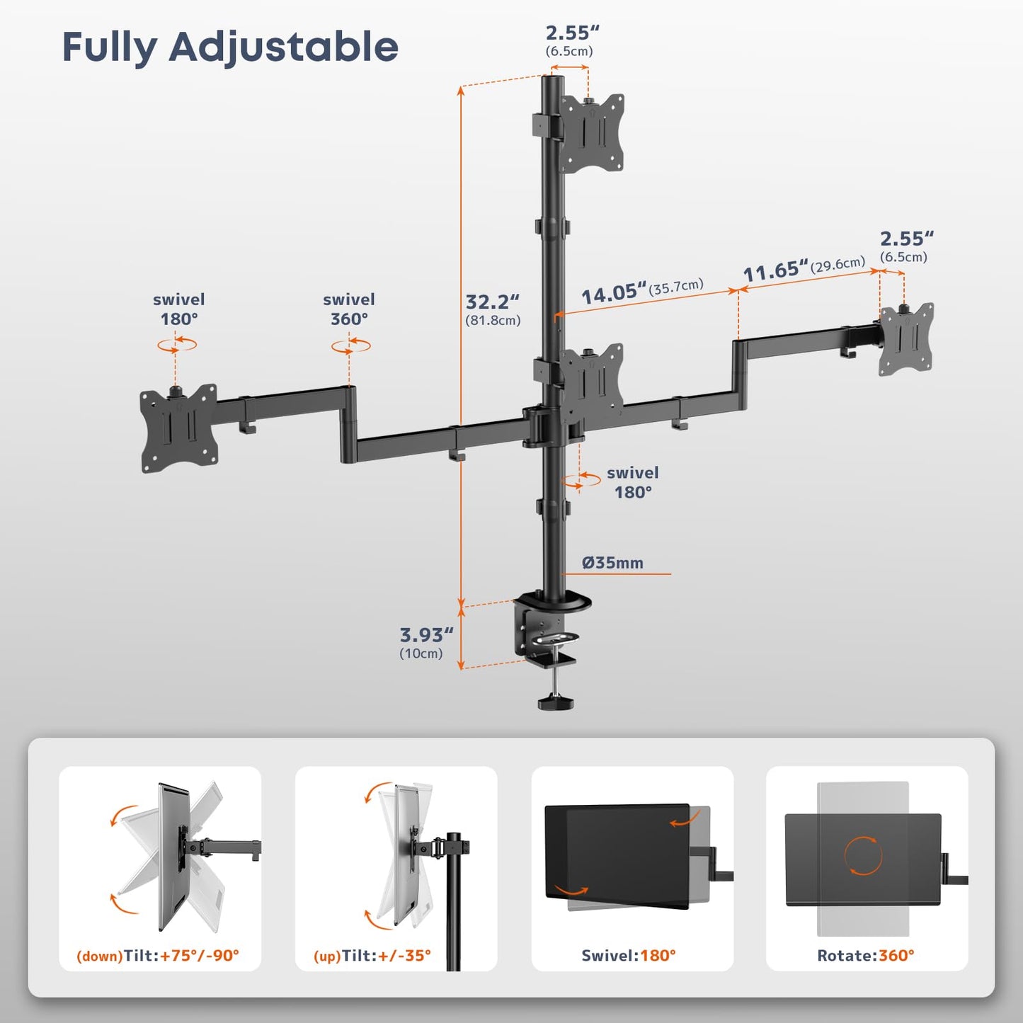 Quad Monitor Mount for 17-27 Inches - Fully Adjustable Heavy Duty 4 Monitor Arm Desk Mount, Max Load 22lbs per Screen, Clamp/Grommet, VESA 75/100 mm, Black