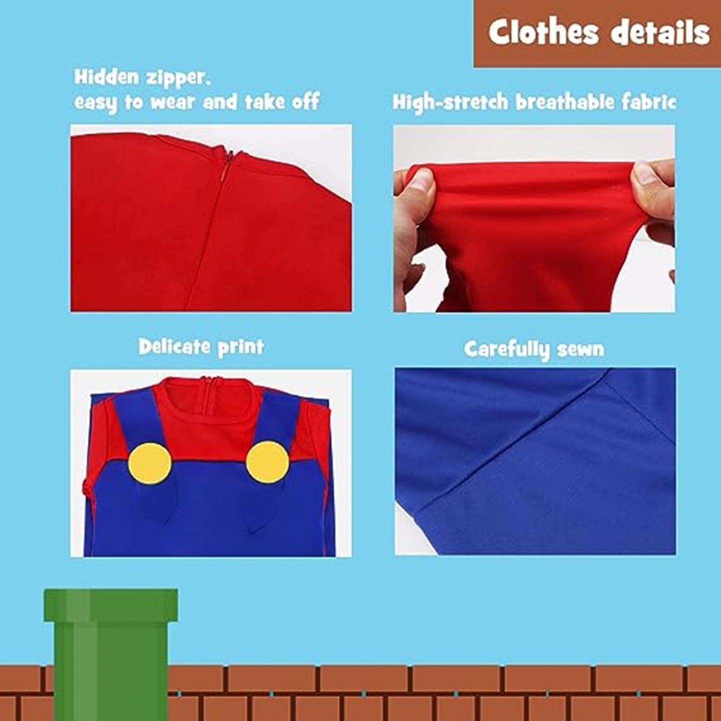 Boys Halloween Costumes,Super Brothers Costumes,With Gloves, Hat, Moustache,Fancy Dress Role Play Costumes (L)