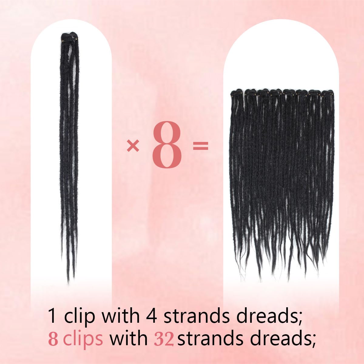 Quisduis 16 Inch Clip in Dreadlocks Hair Extensions, 8PCS 32 Strands Black Synthetic Dreas Extensions Handmade Soft Thin Dreadlocks for Women