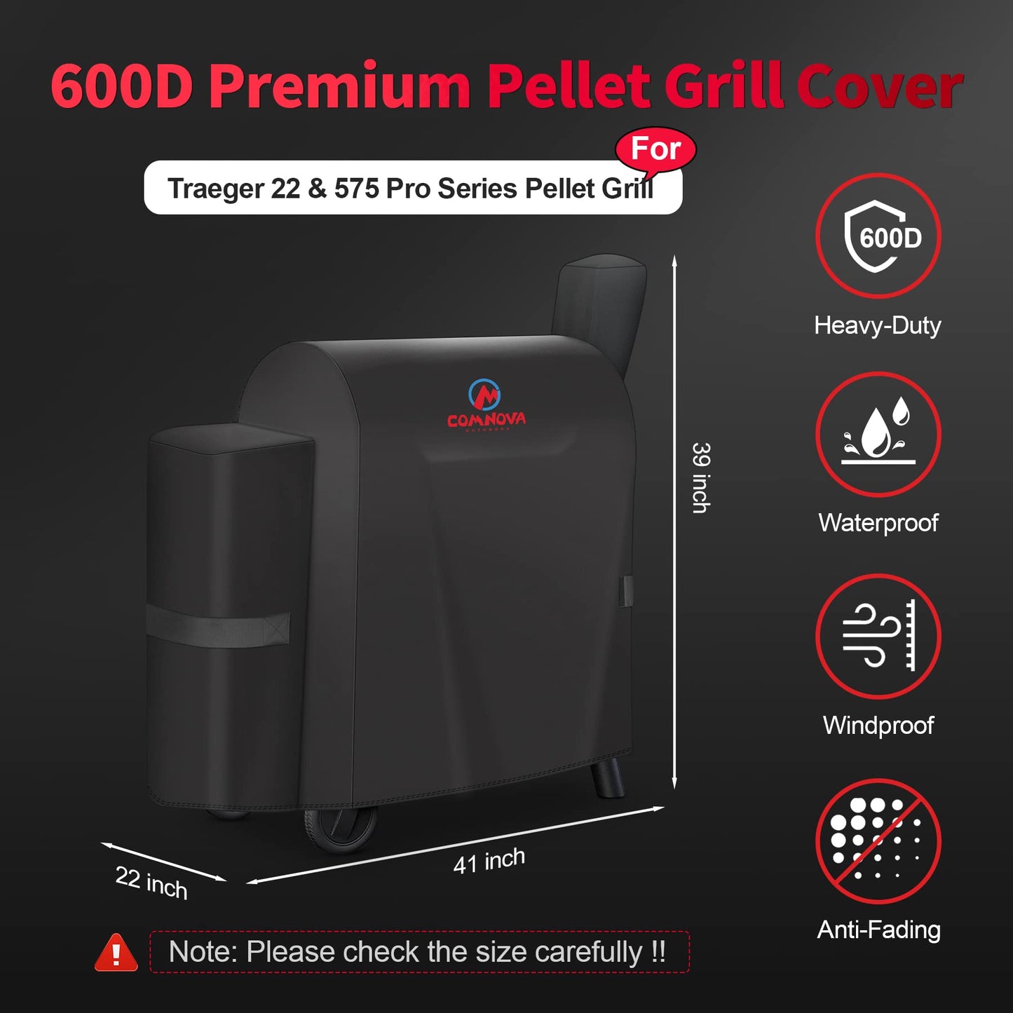 Comnova Grill Cover for Traeger Pro 22 & 575 Series - 600D Wood Pellet Smoker Cover, Waterproof & Heavy Duty BBQ Cover for Z Grills 550B and More