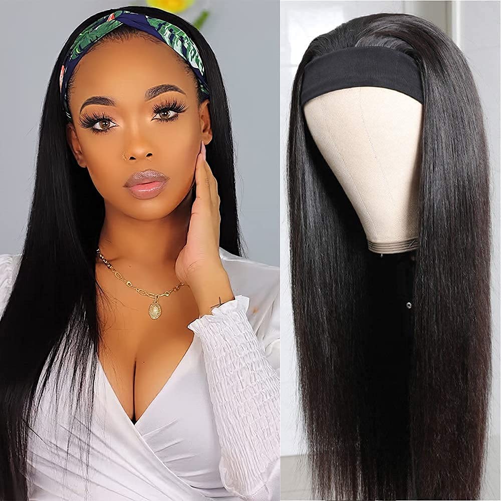 Feibin Headband Wig Human Hair Wigs for Black Women Human Hair Silky Straight 22 Inch Glueless Human Hair Wig Brazilian Virgin Hair Wear and Go Wig Machine Made None Lace Front Wig Natural Color 150% Density