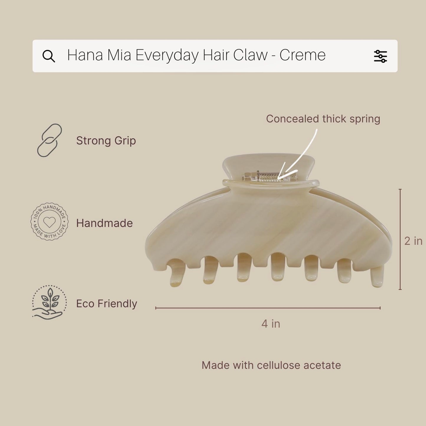 Premium Durable Acetate Hair Claws - Large 4 Inch No-Slip Claws for Thick Hair | 1 Piece (Creme)
