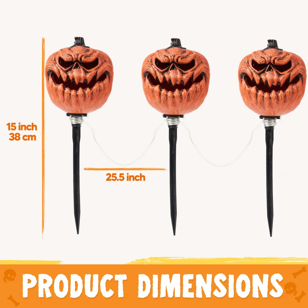 JOYIN 3 Pcs Halloween Outdoor Decorations Jack O Lantern Pumpkin Pathway Lights, Light-up Halloween Waterproof Path Maker Stakes for Graveyard Decoration Party Porch Yard Lawn Garden Decor