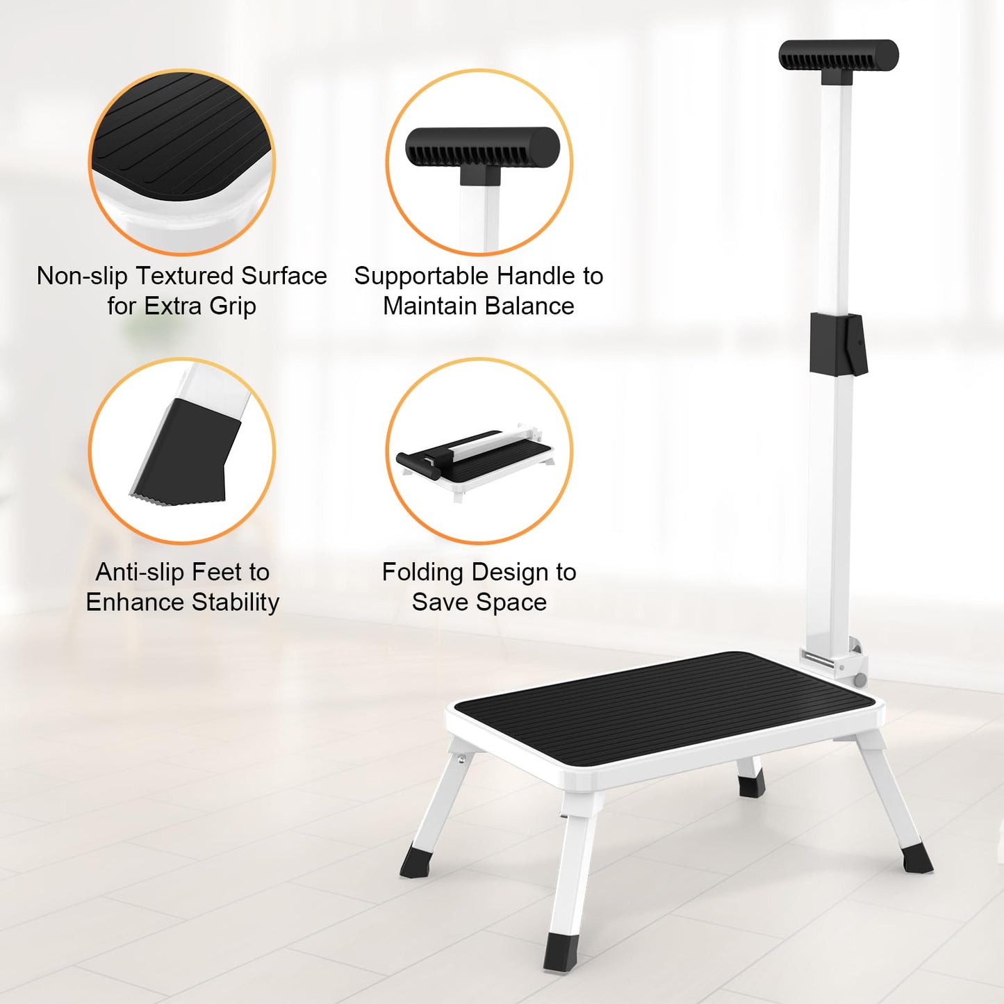 Foldable Step Stool with Handle, Portable Stepping Stool with Anti-Slip Design Medical Step Stool for Elderly, Senior and Kids in Home, Kitchen, Bathroom, Bedroom, 330 Lbs Capacity