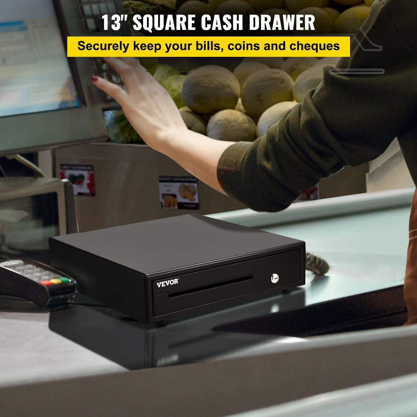 VEVOR Cash Register Drawer, 13" 12 V, for POS System with 4 Bill 5 Coin Cash Tray, Removable Coin Compartment & 2 Keys Included, RJ11/RJ12 Cable for Supermarket, Bar, Coffee Shop, Restaurant(USD Only)