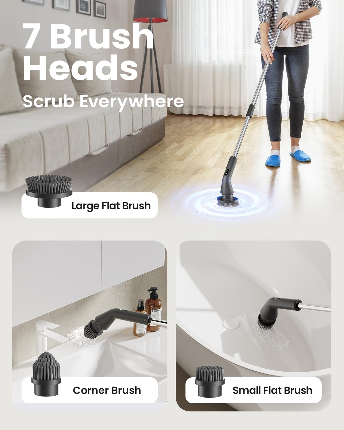Topmako Electric Spin Scrubber, Upgraded IPX7 Cordless Cleaning Brush for Bathroom Shower, Household Cleaning Scrubber with 7 Brush Heads, Adjustable Long Handle and 2 Rotating Speeds for Tub Floor