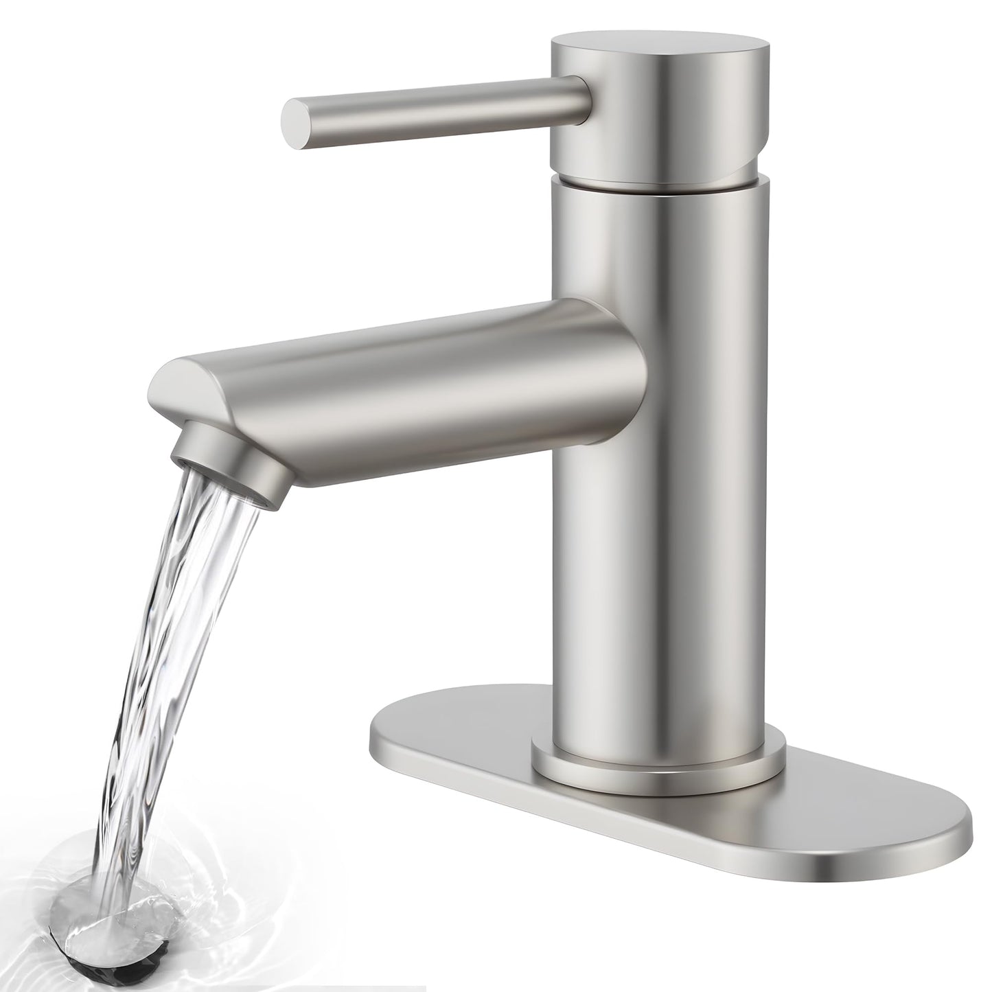 KPW Bathroom Faucets Lavatory Faucet Single Handle Brushed Nickel Stainless Steel Faucet Deck Mount 1 or 3 Hole with Deck and Pop-up Drain Water Supply Hoses