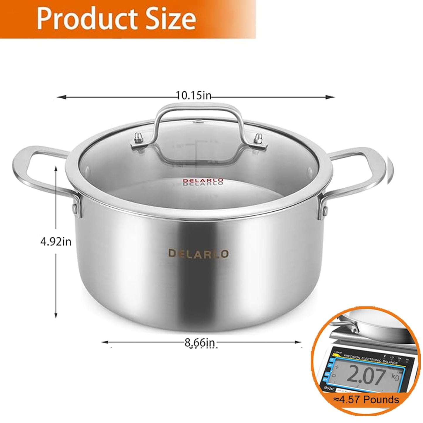 DELARLO Tri-Ply Stainless Steel Stock Pot, 5 Quart Stockpot with Lid, All Stoves Safe Up to 600℉, Saving Fuel 20%, Heavy Duty, Soup Pot with lid, Kitchen Essentials, Fast Even Heat