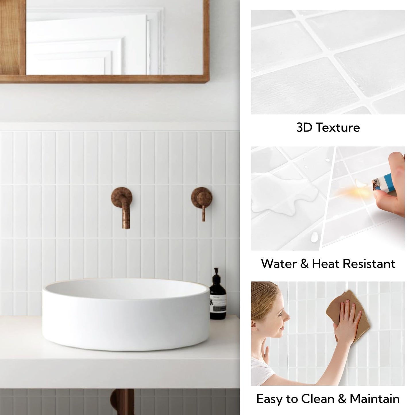 Peel and Stick Backsplash Tiles – 10 Pack 3D Self-Adhesive Wall Panels for Kitchen & Bathroom – Waterproof, Heat-Resistant Stick-On Tile – Modern Design (White)