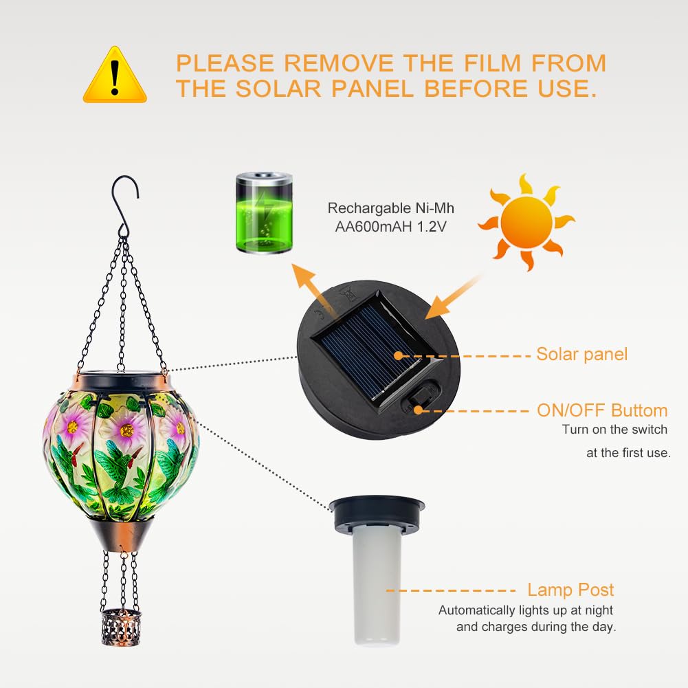 DREAMSOUL Hummingbird Hot Air Balloon Solar Lantern, Hanging Solar Hot Air Balloon Lantern with Flame for Patio Yard Gift Decor