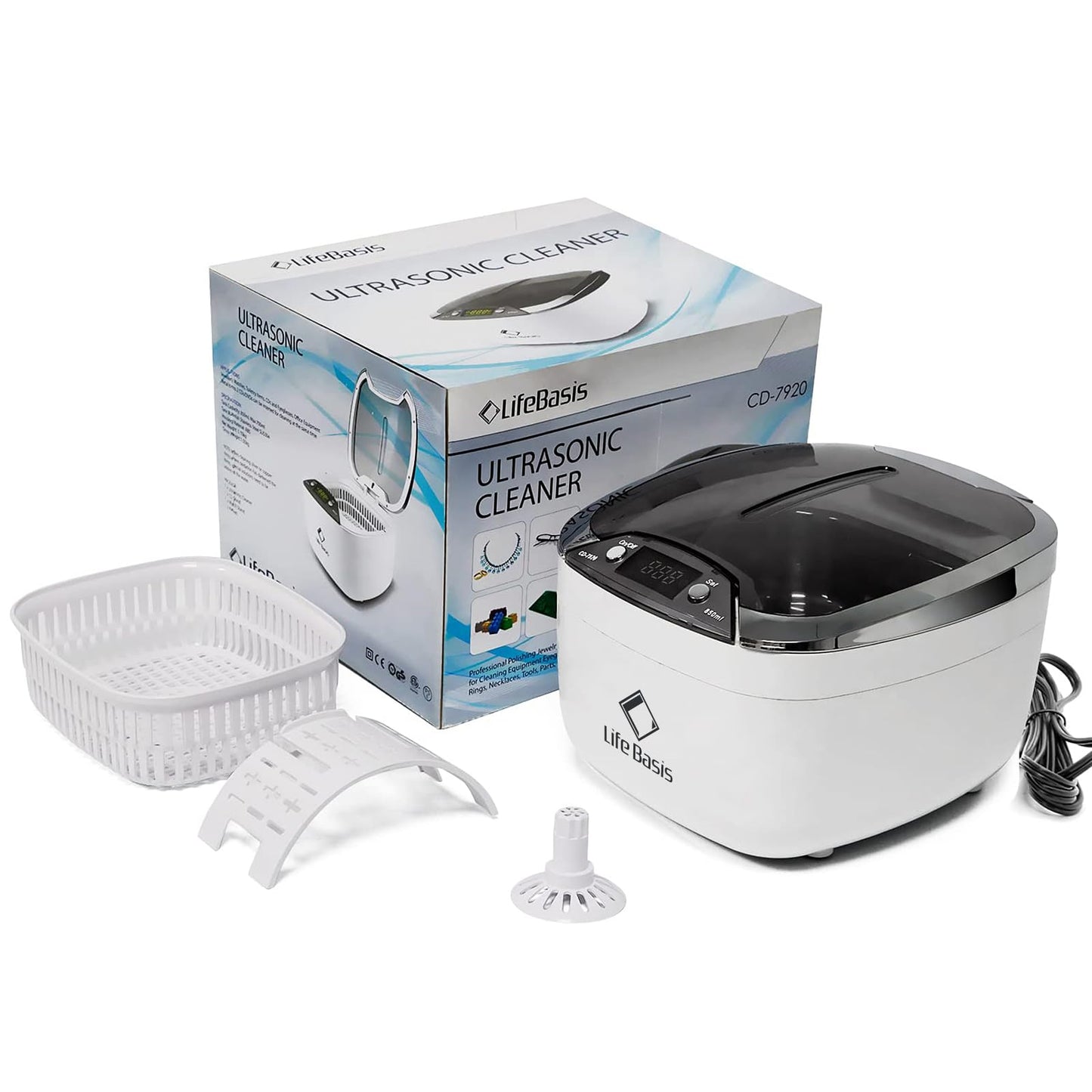 Ultrasonic Jewelry Cleaner Life Basis Ultrasonic Cleaner Machine 850ml (28 Ounces) LCD Screen with 5 Digital Timer Watch Stand CD Holder for Jewelry CD DVD Watches Glasses Makeup Brush