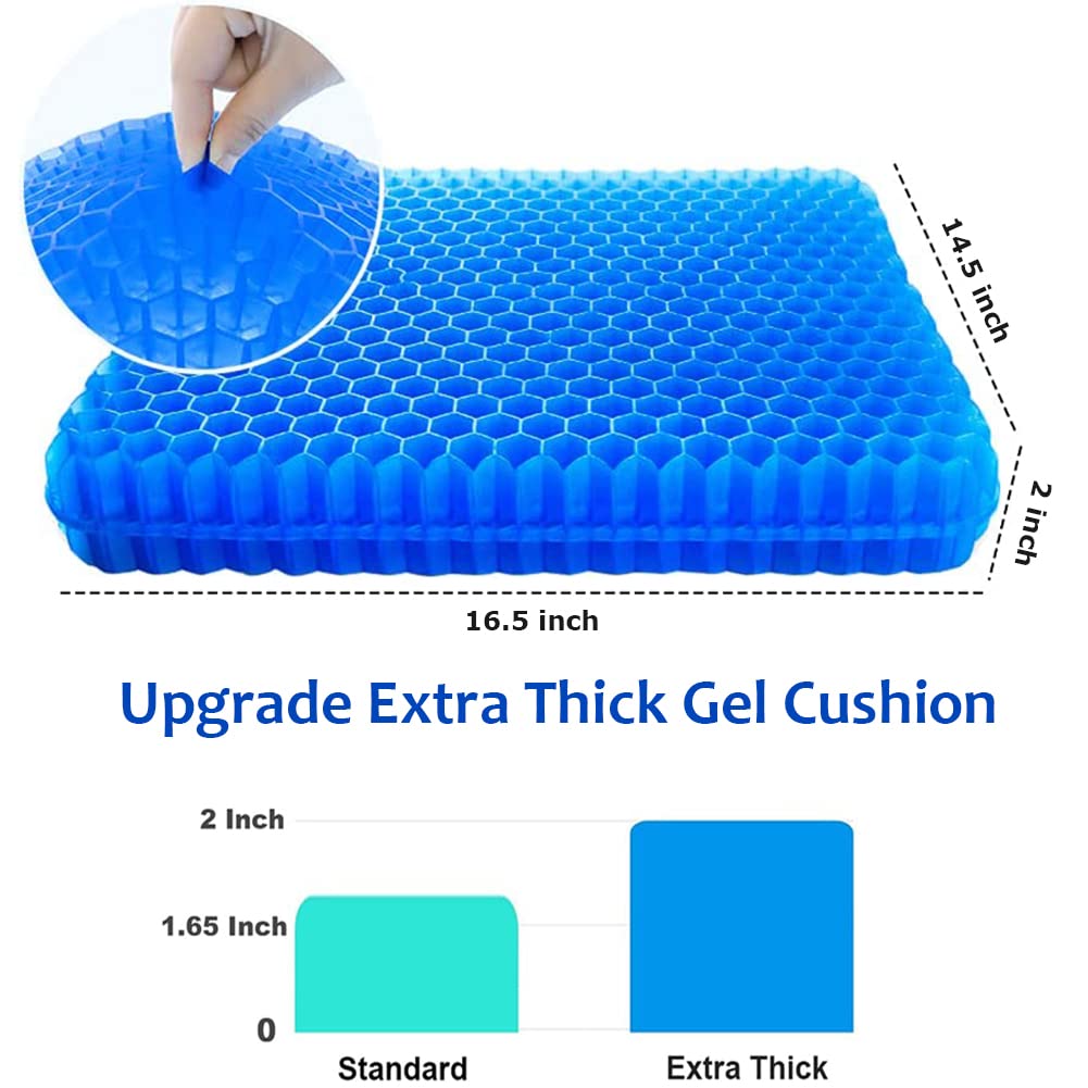 Gel Seat Cushion, Office Seat Cushion Chair Pads for Office Home Car Wheelchair Long Trips - Extra Thick Gel Cushion for Pressure Sores, Tailbone, Back, Sciatica Pain Relief (Extra Thick, Blue)