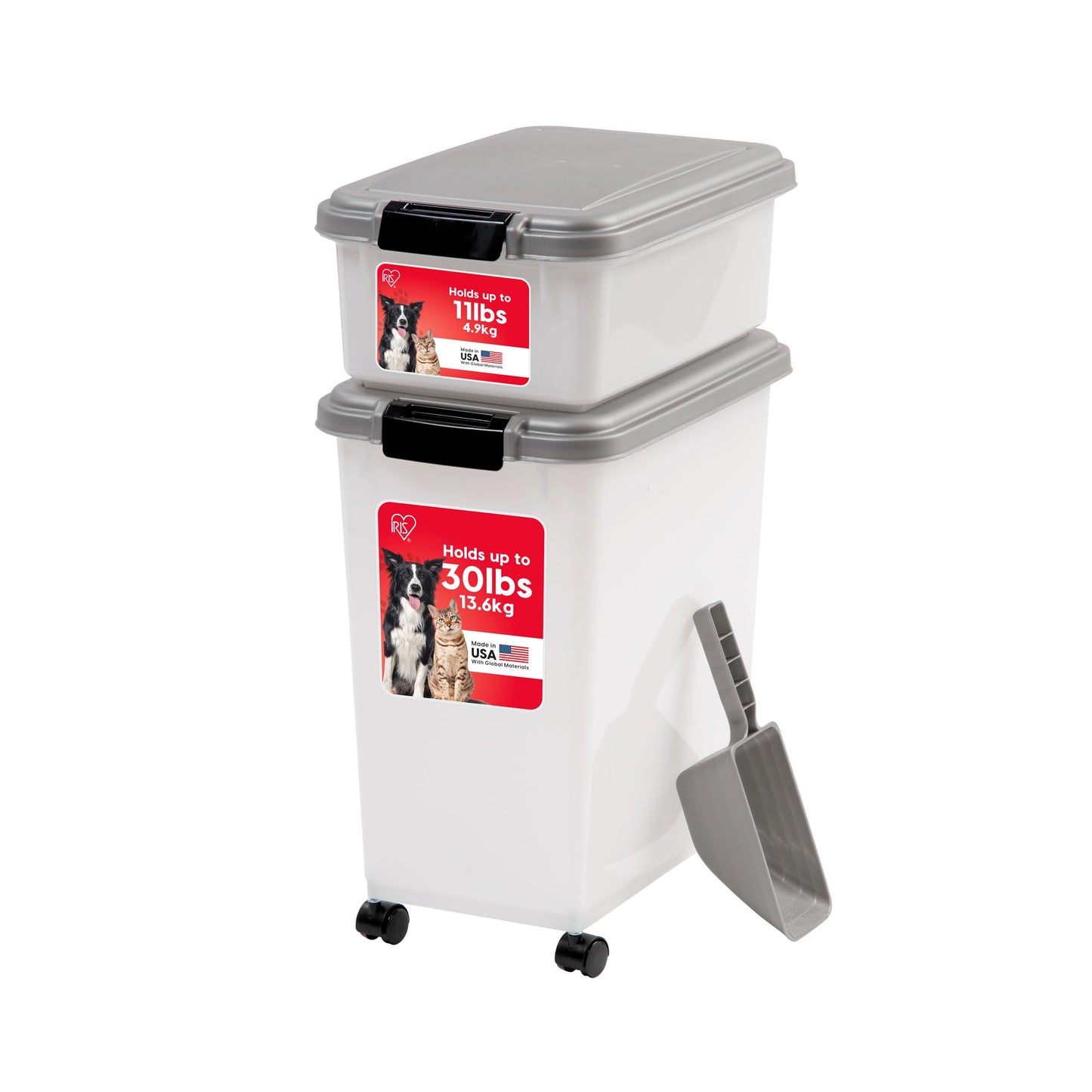 IRIS USA Airtight Dog Food Storage Container Combo, 30 lb + 11 lb Stackable Pet Food Bins with Wheels, Cat Food & Dog Treat Storage, BPA Free, Includes 2-Cup/450 g Scoop, Chrome