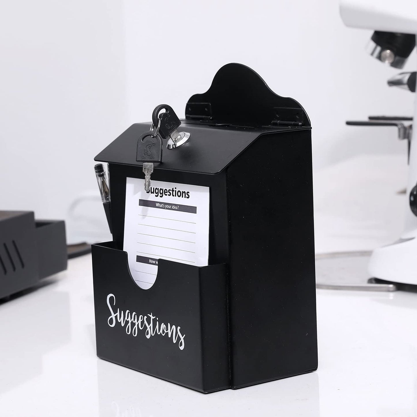 MyGift Classic Matte Black Metal Suggestion Box with Cursive Suggestions Lettering, Wall Mounted or Tabletop Comment Box with Lock, Keys, Paper Sheet and Pen Holder Slots