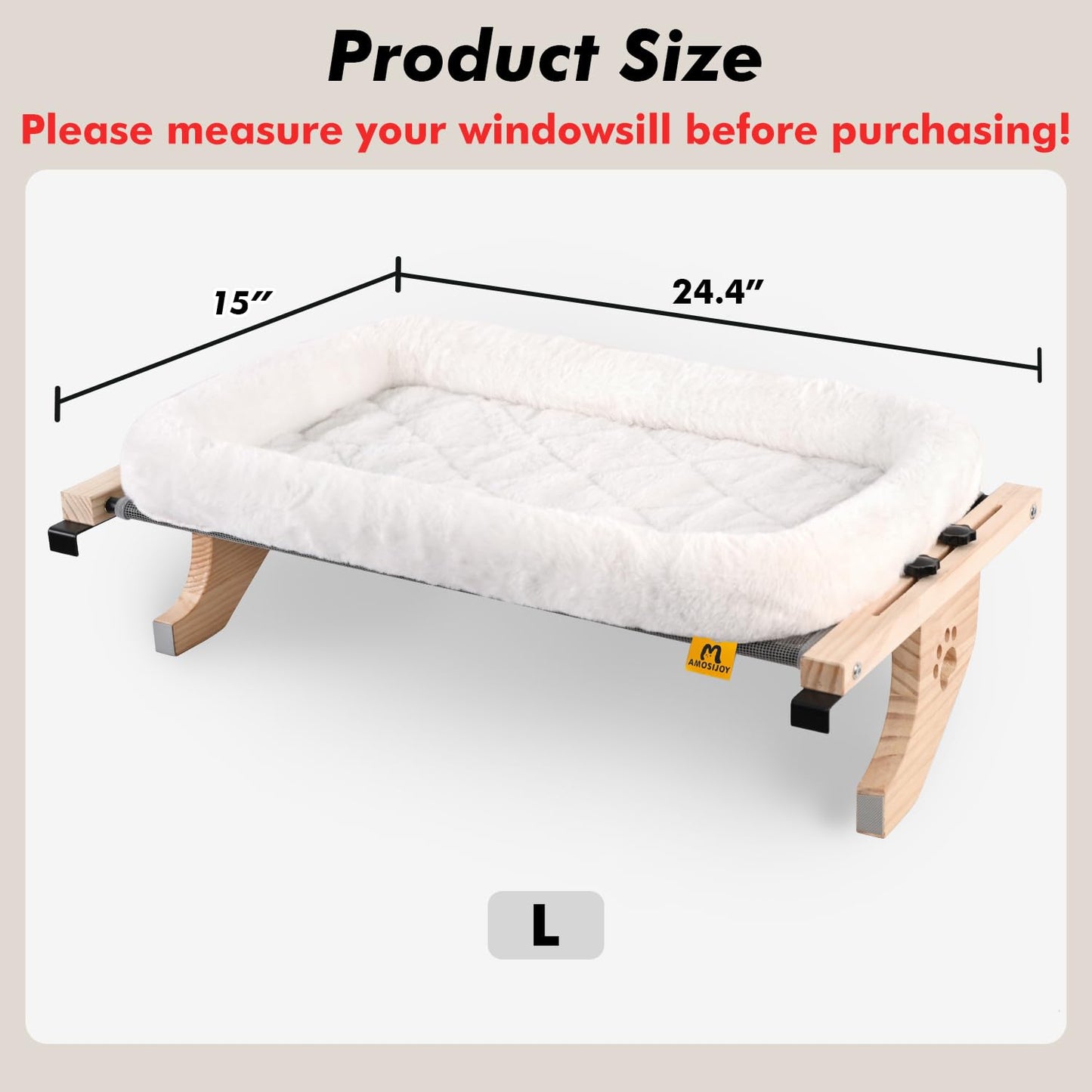 AMOSIJOY Cat Sill Window Perch Sturdy Hammock Seat with Cushion Bed Cover, Wood & Metal Frame for Large Cats, Easy to Adjust Windowsill, Bedside, Drawer and Cabinet(Cushion Bed)