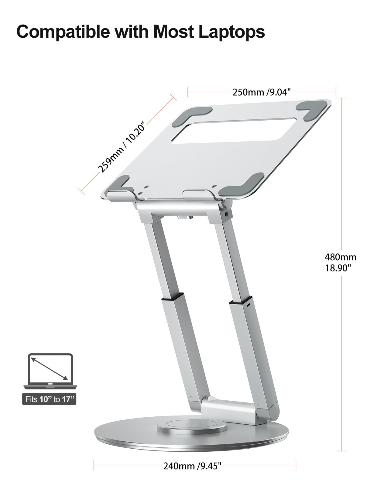 Tounee Telescopic Laptop Stand for Desk with 360° Swivel Base, Sit to Stand, Height Adjustable, Portable Riser Holder for Good Posture, Compatible with MacBook Pro, All Laptops 10-17"-Silver