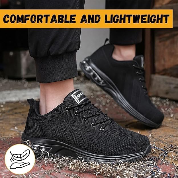 Bravover Safety Shoes for Mens Womens Work Steel Toe Shoes Lightweight Industrial & Construction Indestructible Safety Comfortable Shoes Puncture Proof Shoes Black