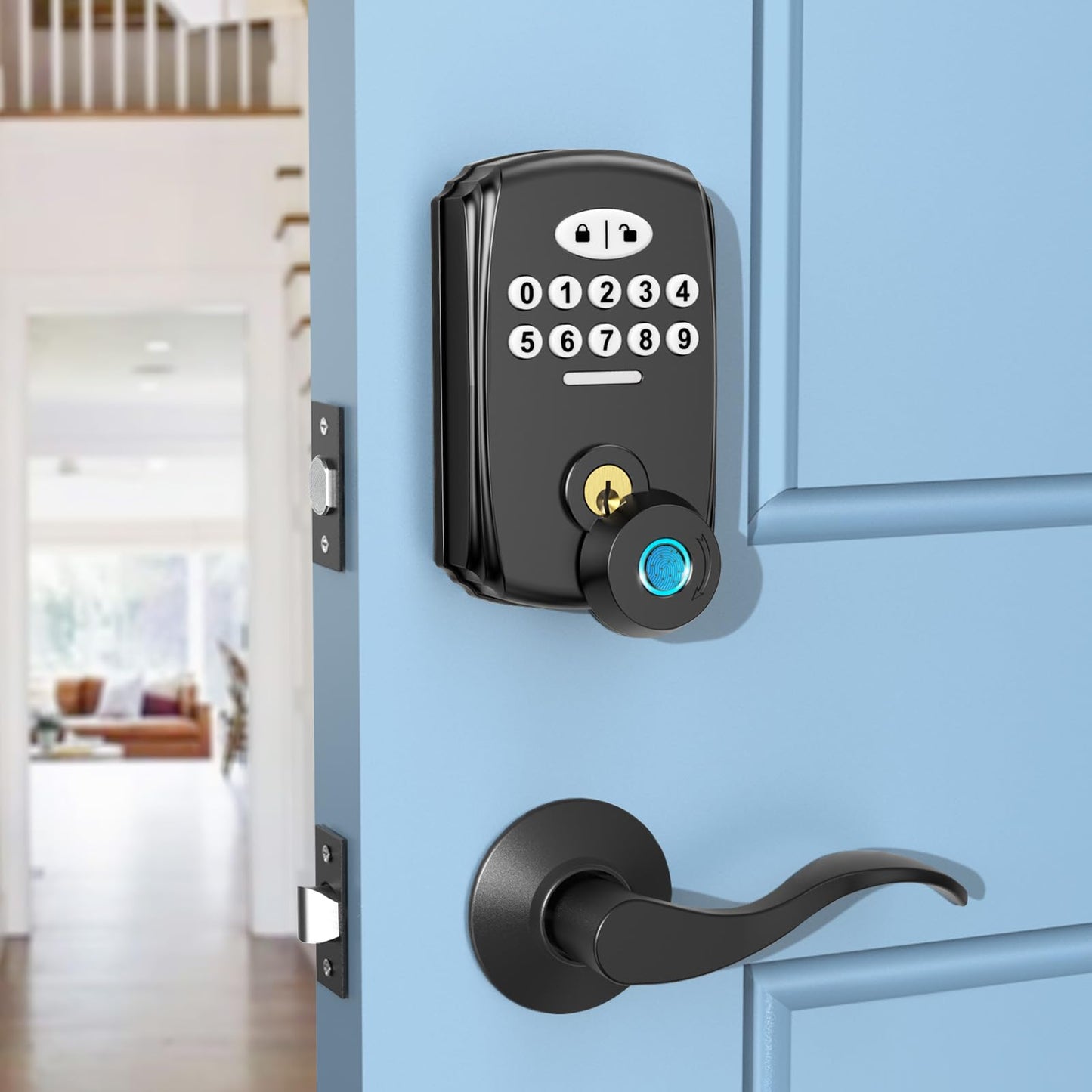 Keyless Entry Fingerprint Door Lock with 2 Lever Handles - PHYSEN Smart Deadbolt Set for Front Door - Electronic Digital Keypad Lock - Biometric- Auto Lock - Easy Installation - Matte Black