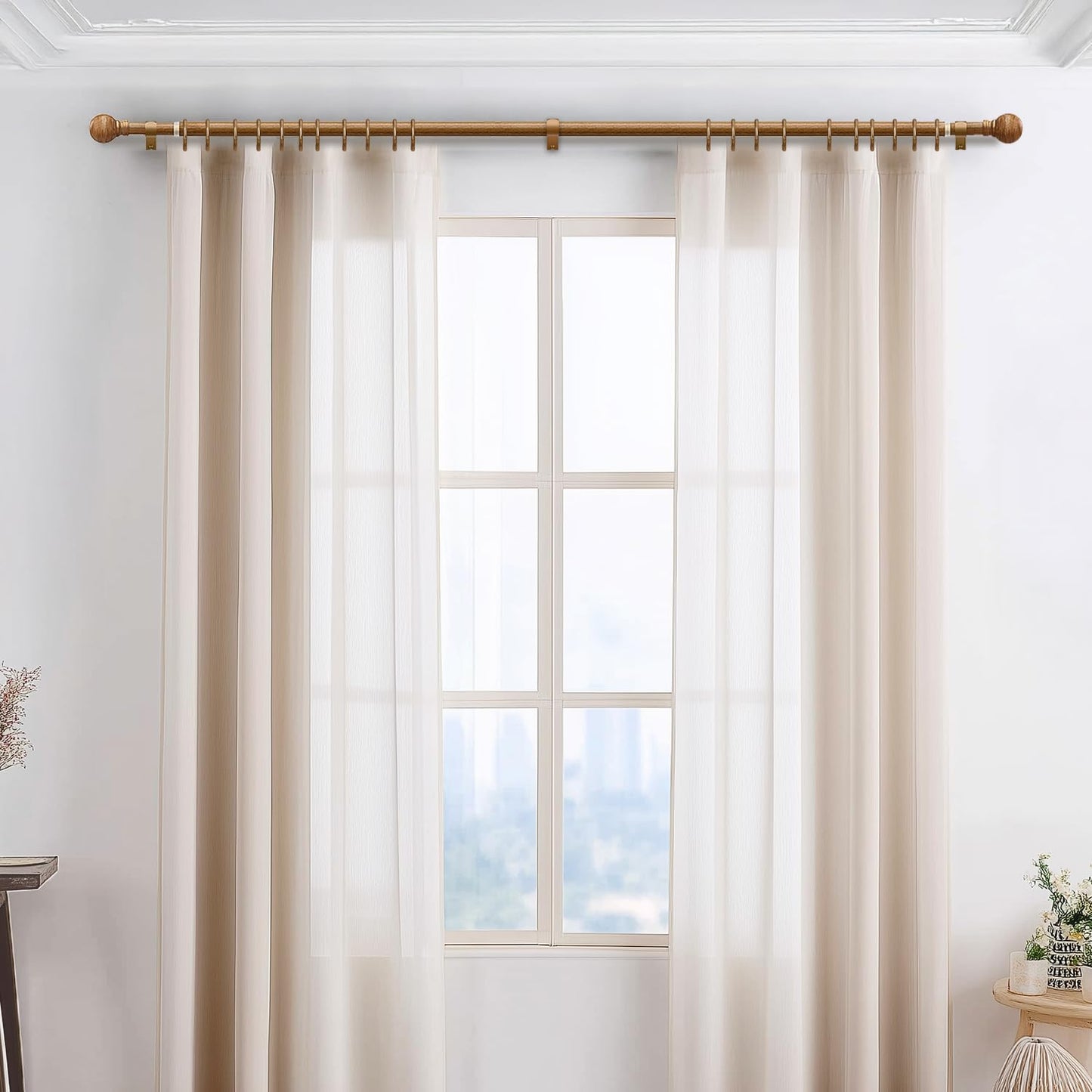 Boho Wood Curtain Rods for Windows 48 to 84 inch 1" Diameter Adjustable Heavy Duty Window Curtain Rod with Decorative Wooden Grain Finials Drapery Rods for Living Room Bedroom Kitchen Farmhouse