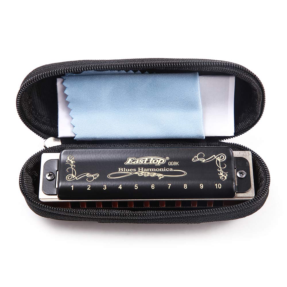 Diatonic Blues Harmonica 10 Holes Blues Harmonica 20 tones black T008K with Case，More Professional Harmonica for Beginner ，Students，Adults and Professional Player（key of C）