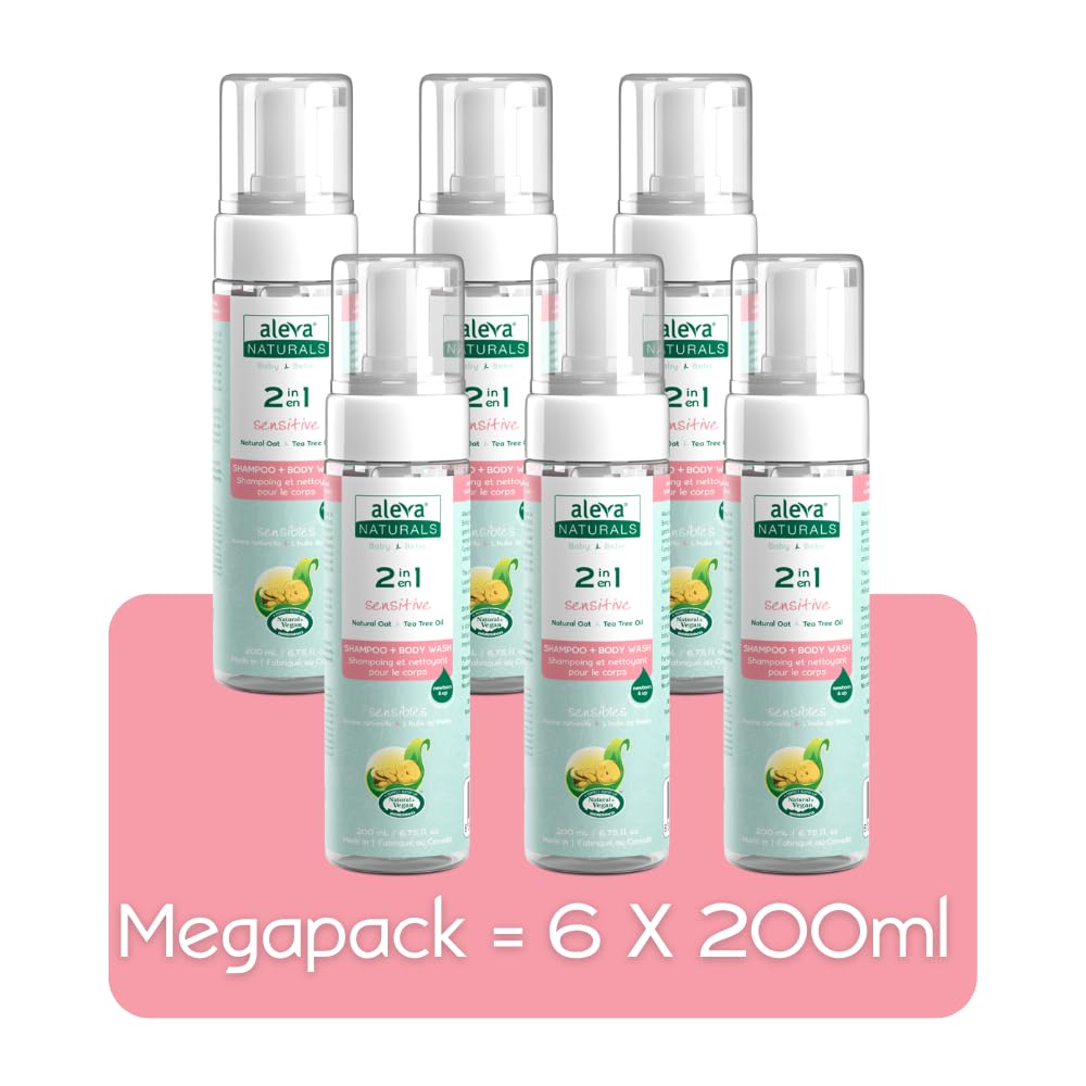 Aleva Naturals Hypoallergenic 2 in 1 Shampoo and Body Wash - Tea Tree Oil Formula, For Sensitive Skin, Perfect for Newborn Babies and Toddlers - Mega Pack- 6 x 200ml= 1.2L Clear