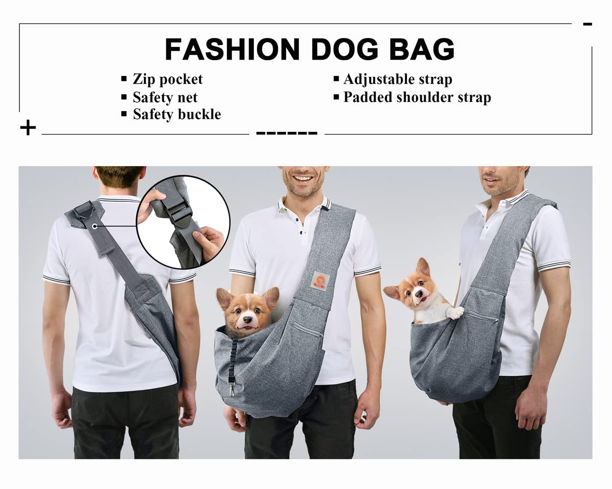 Tomkas Small Dog Sling Carrier - Zipper Pocket & Adjustable Strap - for 8-15 lbs Pets(Grey)