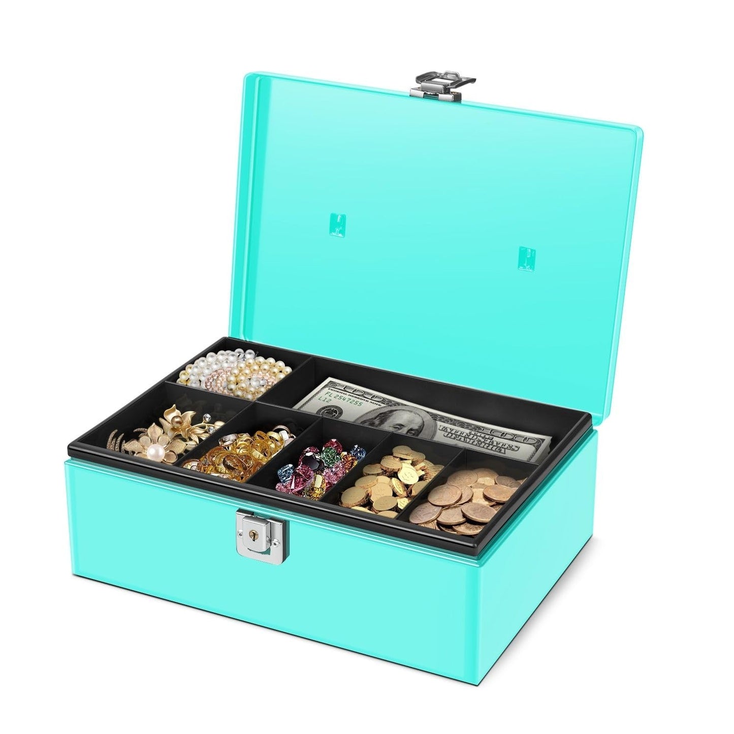 Flexzion Cash Box with Money Tray and Lock - Metal Money Box for Cash Storage with Secure Latch Lock & Key - Blue Petty Cash Box with 7 Compartment Money Tray for Small Businesses, 11x7.7x3.5 Inches