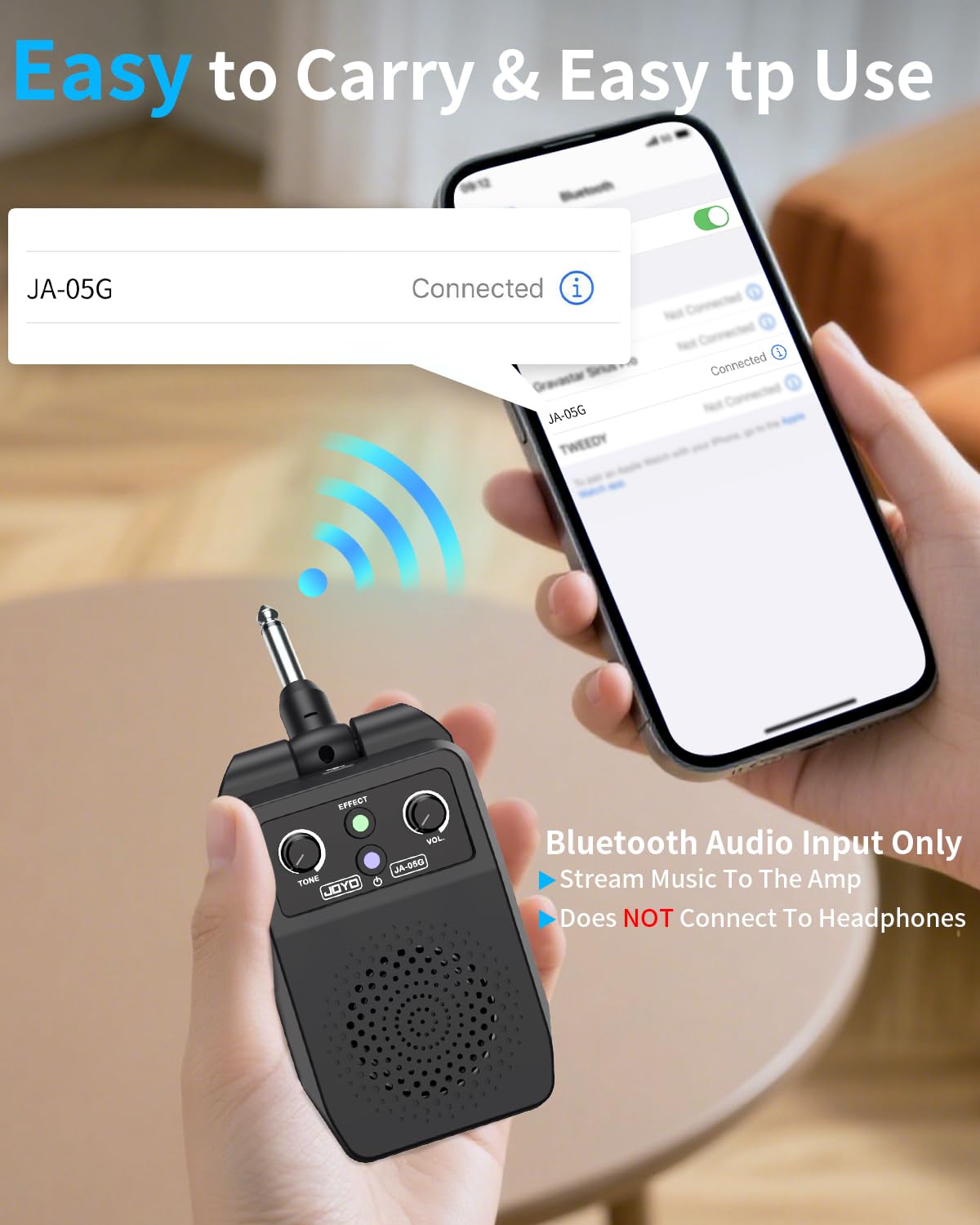 JOYO Mini Electric Guitar Amp 5W Rechargeable Guitar Amplifier Portable Bluetooth Practice Amp with 4 Effects, Black (JA-05G)