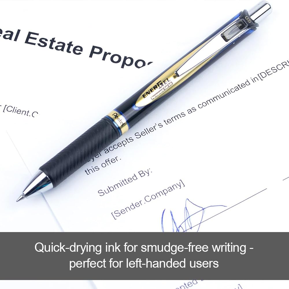Pentel EnerGel Permanent Retractable Liquid Gel Rollerball Pen, Archival Quality, Water Resistant Ink, For Signing Important Documents, 0.5mm Fine Point, Blue Ink, BLP75-C, Box of 12