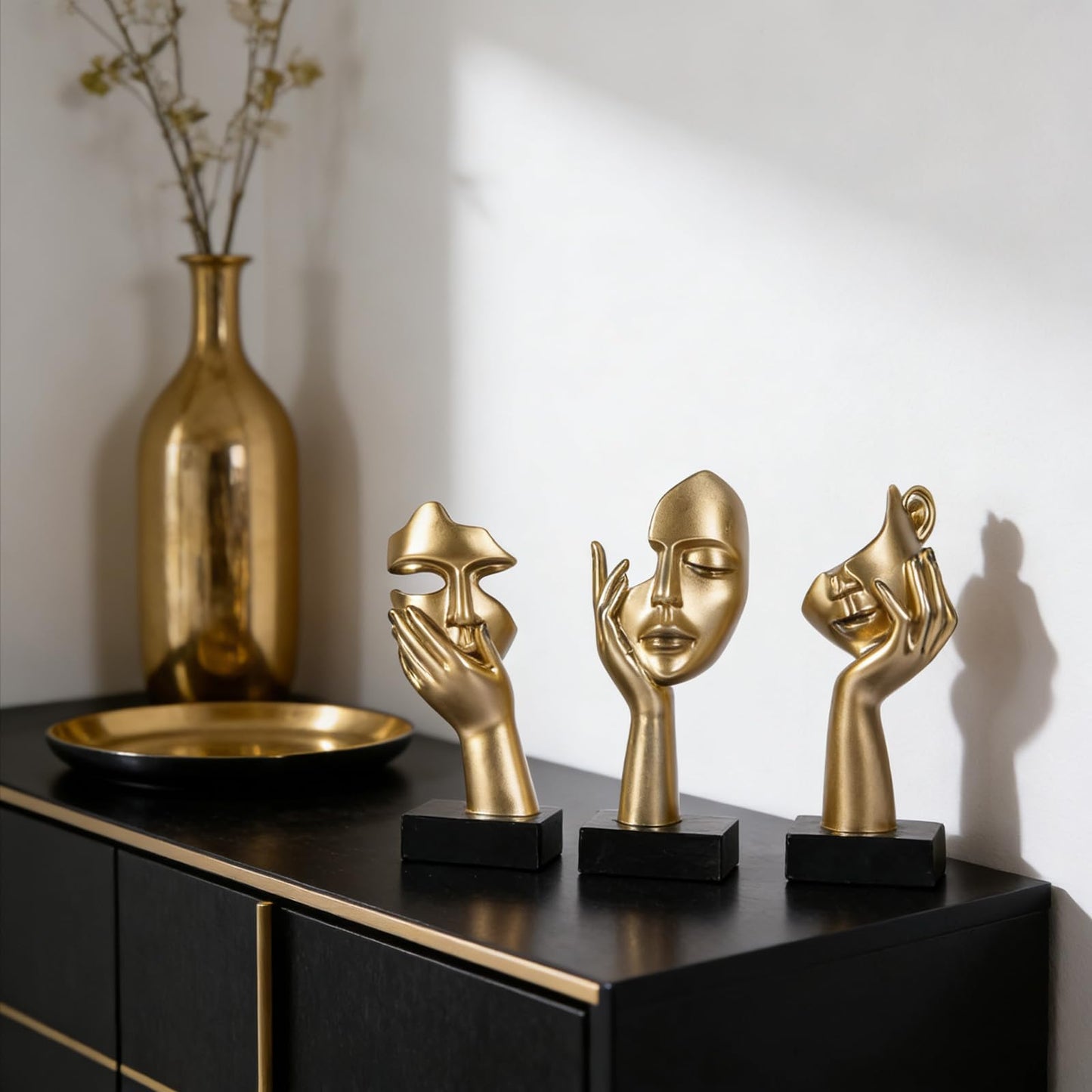 oliruim 3 Pcs Thinker Small Statue Set - Black Gold Abstract Art Figurines Home Living Room Aesthetic Decor Floating Shelf Coffee Table Office Desk Bathroom Counter Decor (3 PCS Gold)