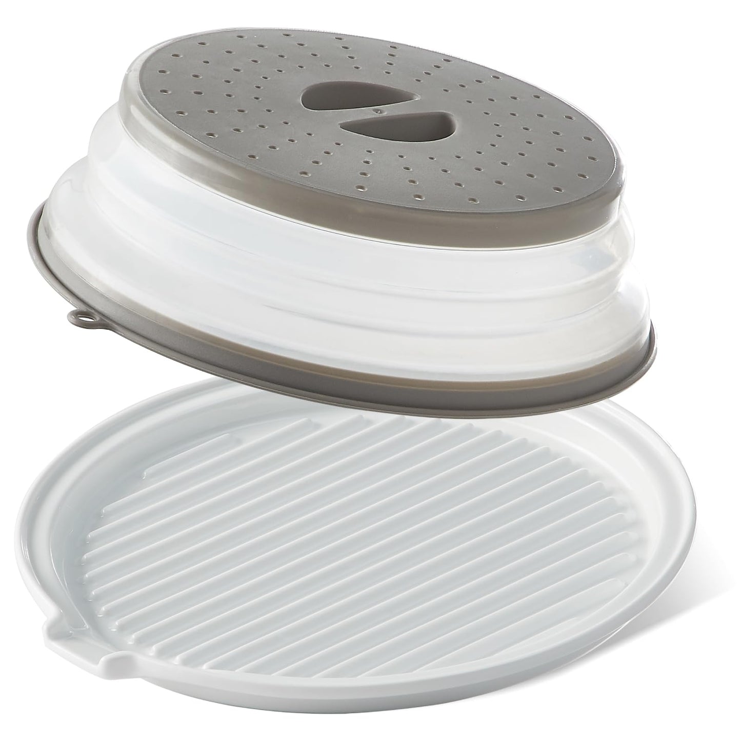 ONEMORE Microwave Bacon Tray with Lid Ceramic Bacon Cooker Meat Rack for Oven Cooking Crispy Bacon Maker with Cover - 10.5 inch Round Bacon Dish Plate, White