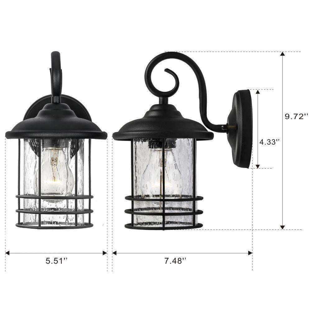 Emliviar 1-Light Outdoor Wall Lantern 2 Pack, Exterior Wall Lamp Light in Black Finish with Clear Seeded Glass -Twin Pack, OS-1803CW1