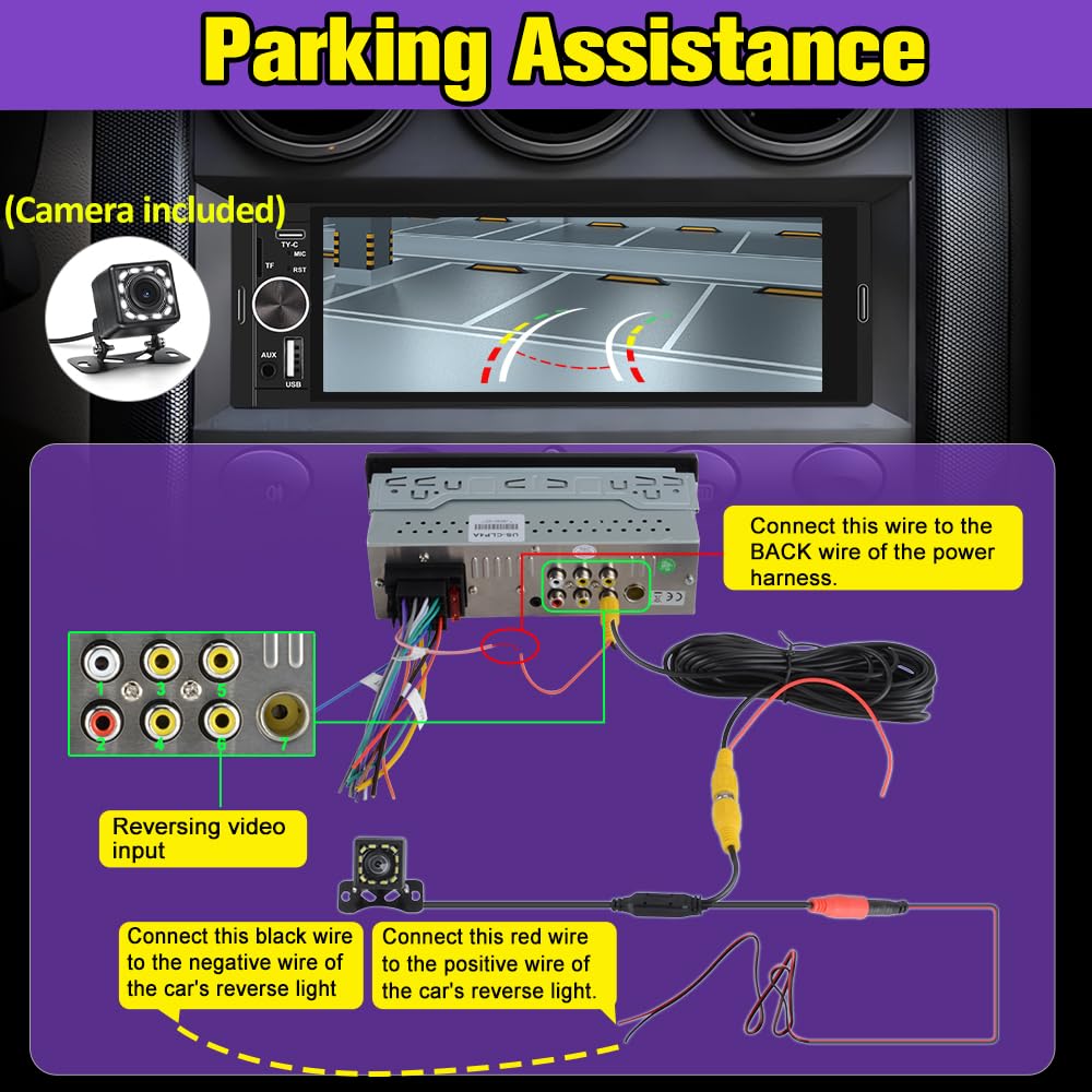 Pyniro Single Din Car Radio with 6.36" IPS Touchscreen, Wireless CarPlay & Android Auto, Backup Camera, Bluetooth, External Mic, USB/TF/FM Support