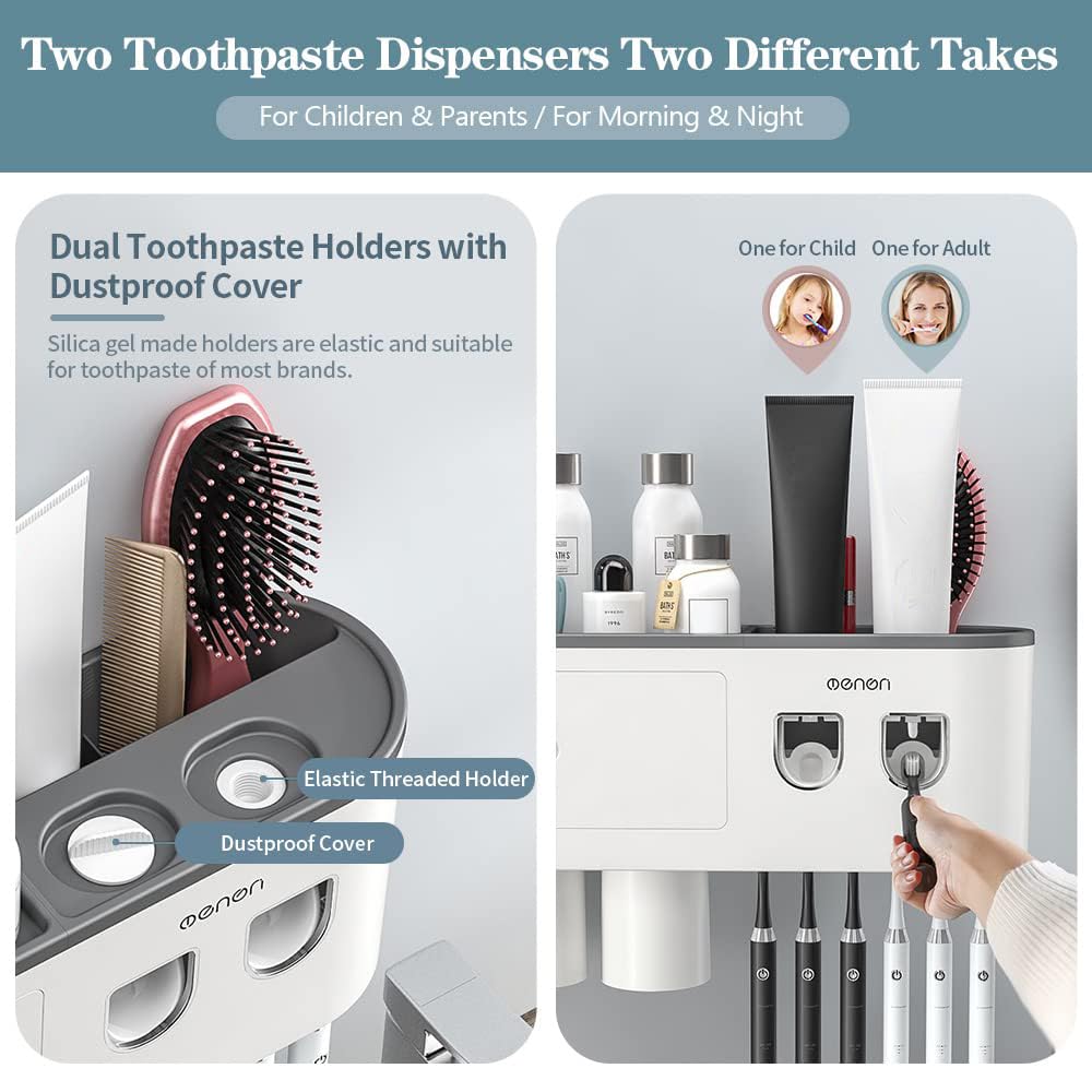 BHeadCat Toothbrush Holder Wall Mounted, Toothbrush Holder for Bathroom with 2 Automatic Toothpaste Dispensers,6 Toothbrush Slots,3 Magnetic Cups,1 Cosmetic Drawer Organizer and 1 Large Storage Tray