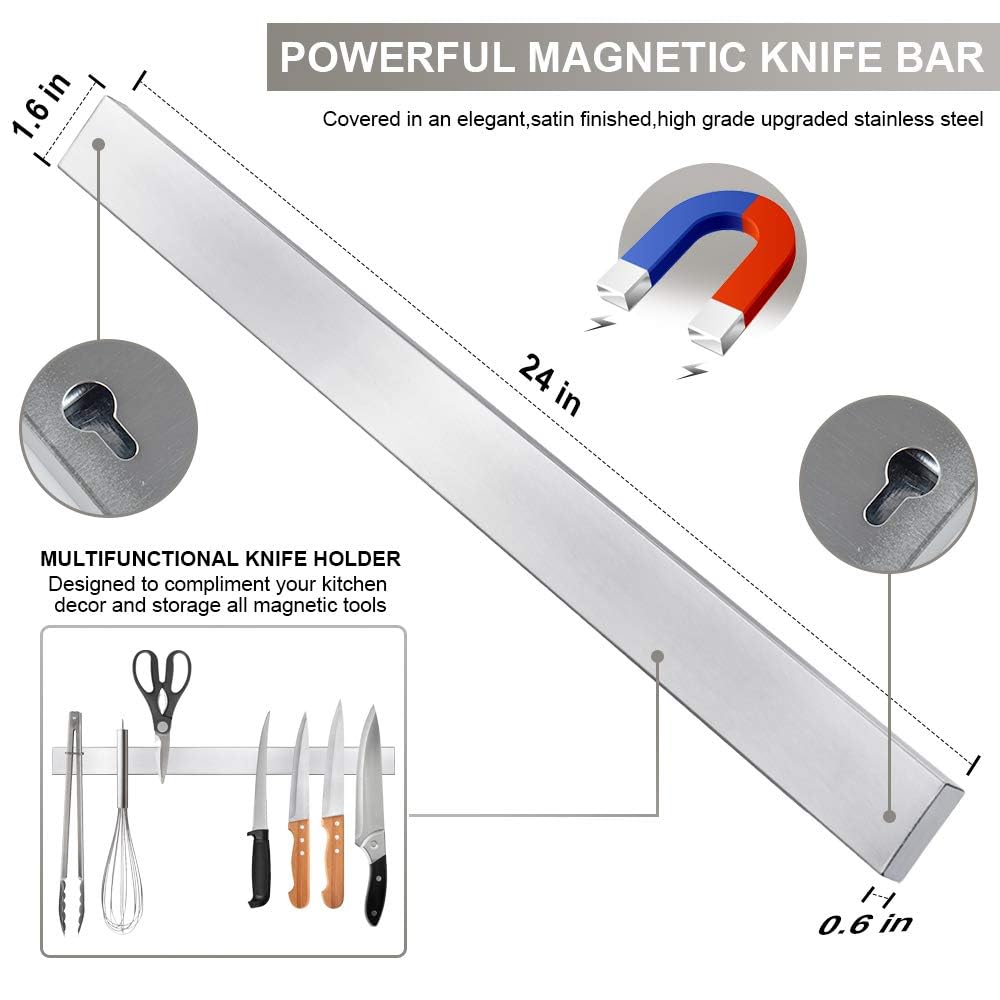 Ninonly 24 Inch Magnetic Knife Strip, Premium Stainless Steel Wall Mounted Kitchen Knives Bar,Space-Saving Powerful No Drilling Magnetic Knife Rack for Home Kitchen Utensil Holder & Tool Holder
